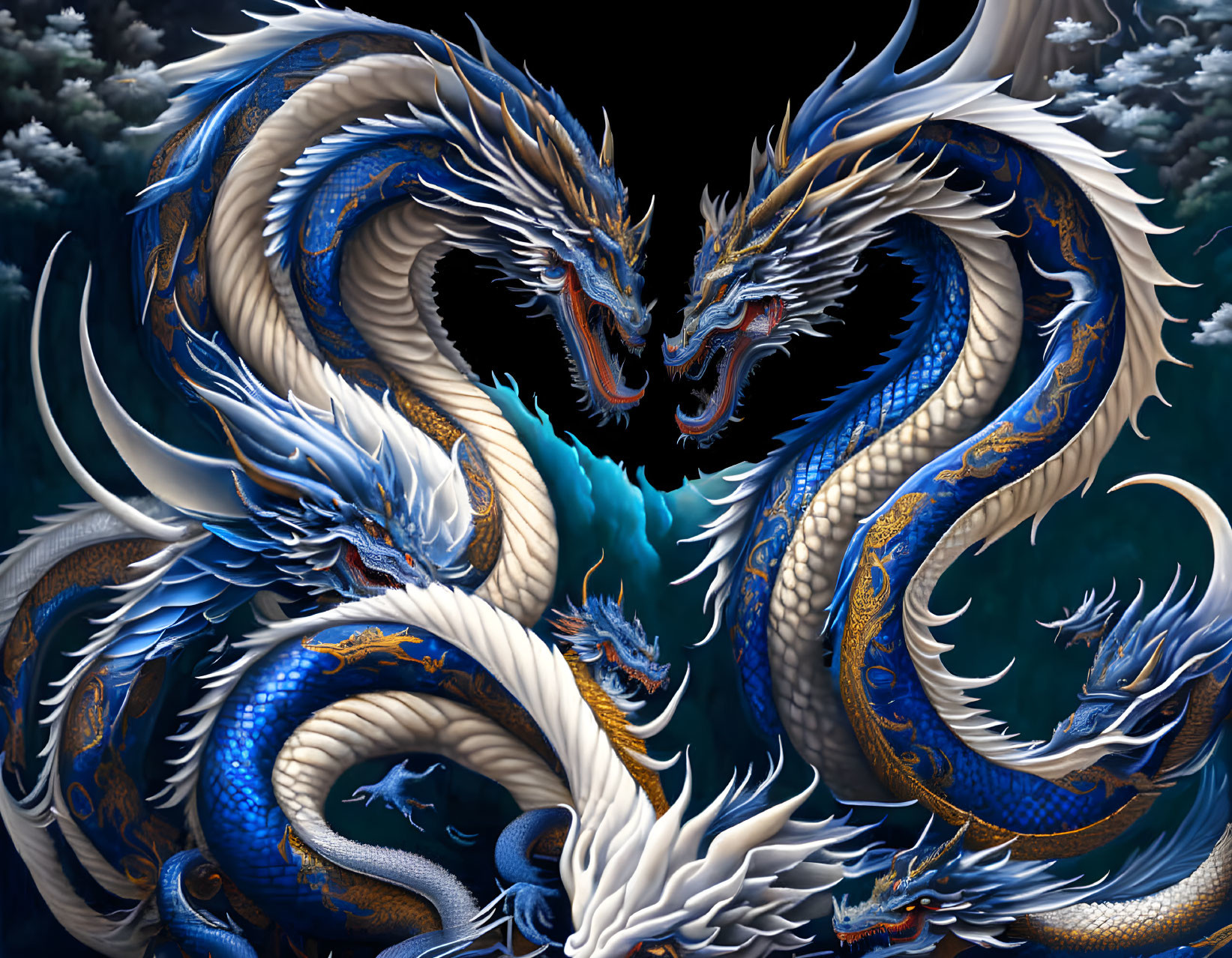 Detailed blue and white dragon illustration with swirling clouds