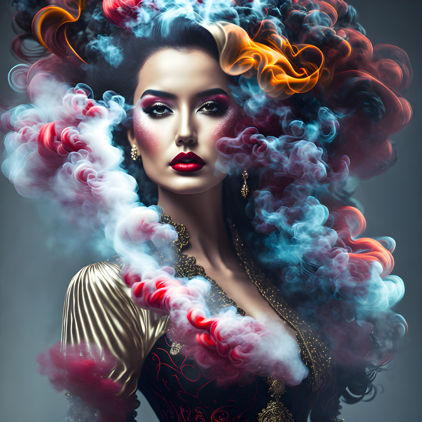 Vibrant woman with colorful smoke and dramatic makeup in blue, red, and yellow