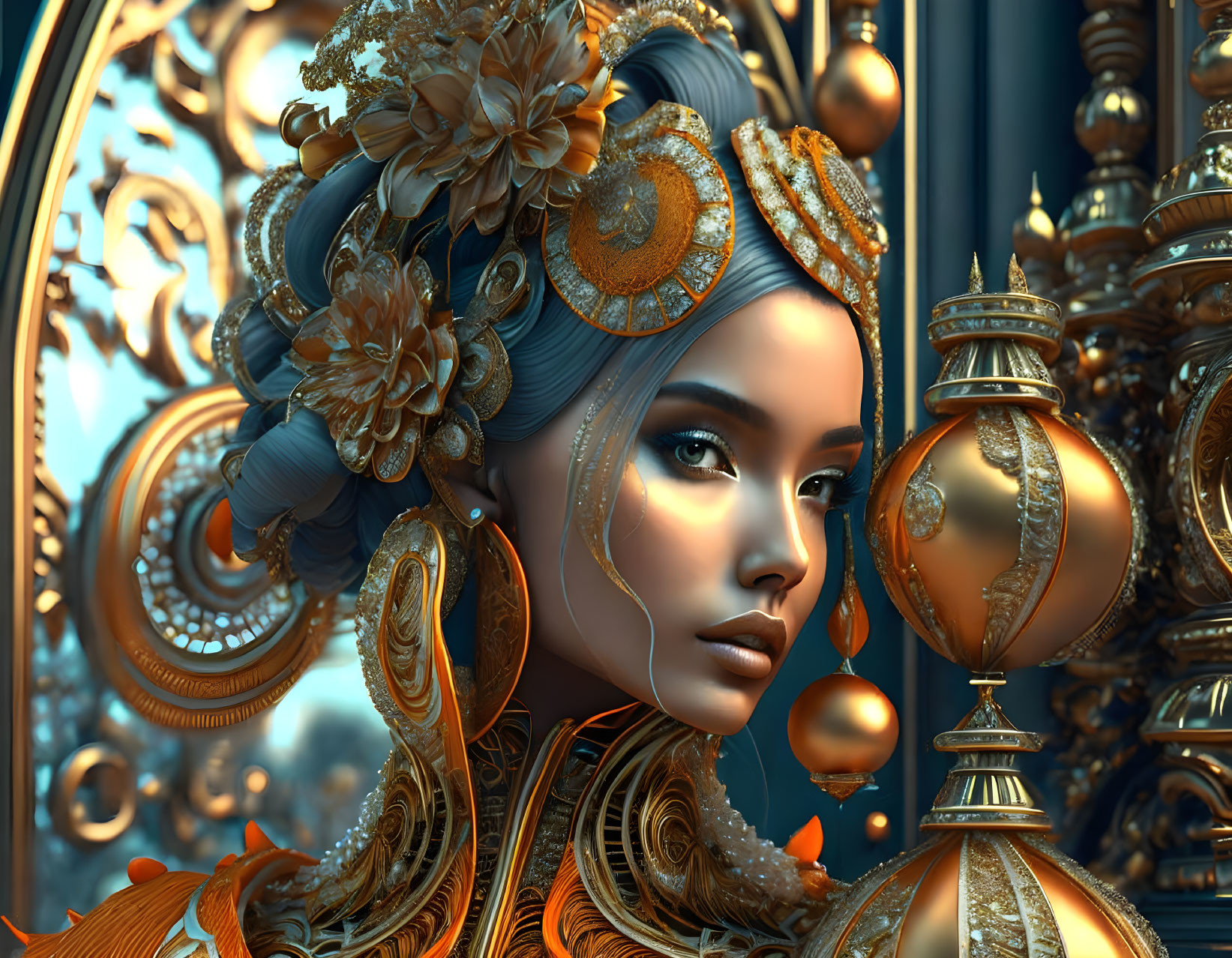 Detailed 3D Woman Illustration with Golden Headdress and Baroque Background