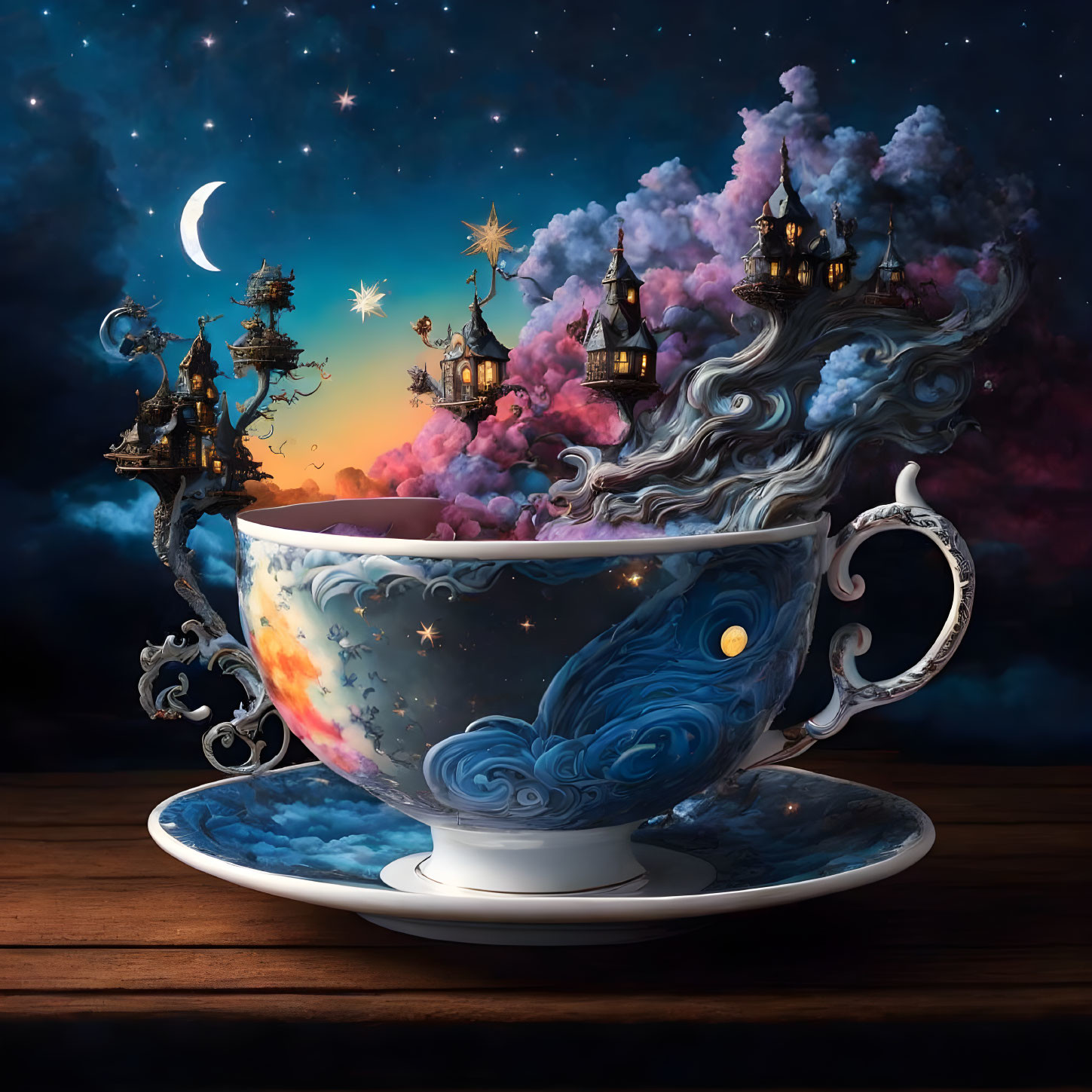 Celestial teacup with cloud-filled sky, crescent moon, and castle steam.