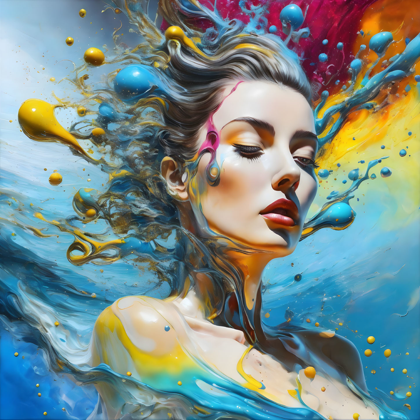 Colorful liquid paint swirls blend with woman in surreal portrait