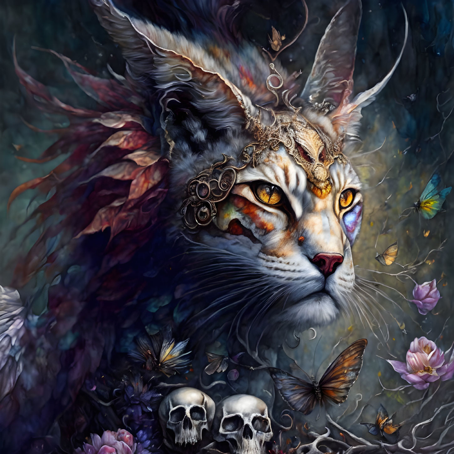 Mechanical feline surrounded by butterflies, skulls, and florals