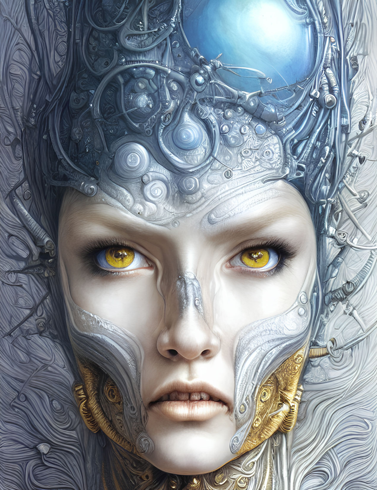 Digital artwork: Woman with yellow eyes in intricate silver and gold mechanical headdress.