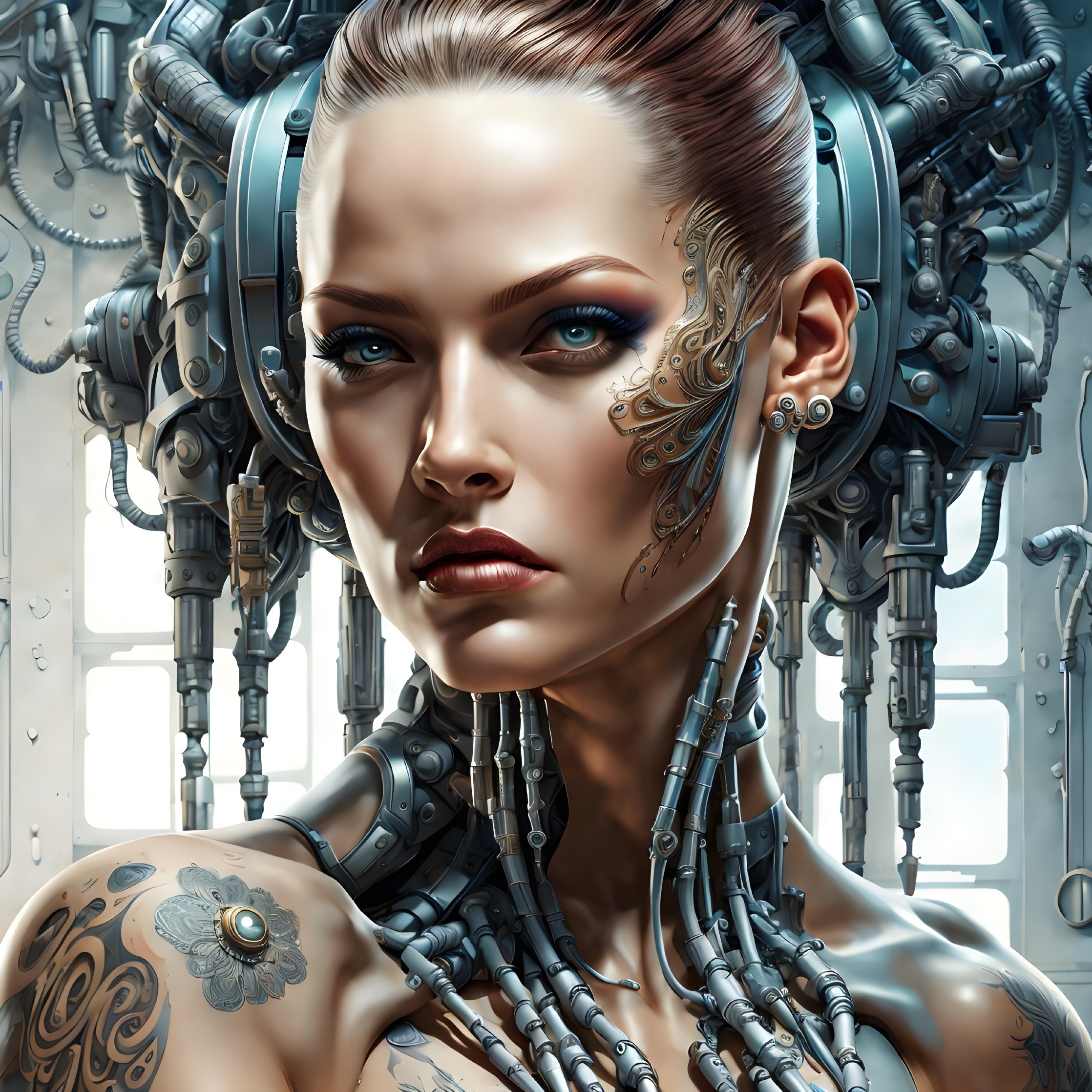 Detailed Illustration: Woman with Cybernetic Enhancements & Mechanical Components on Head & Neck