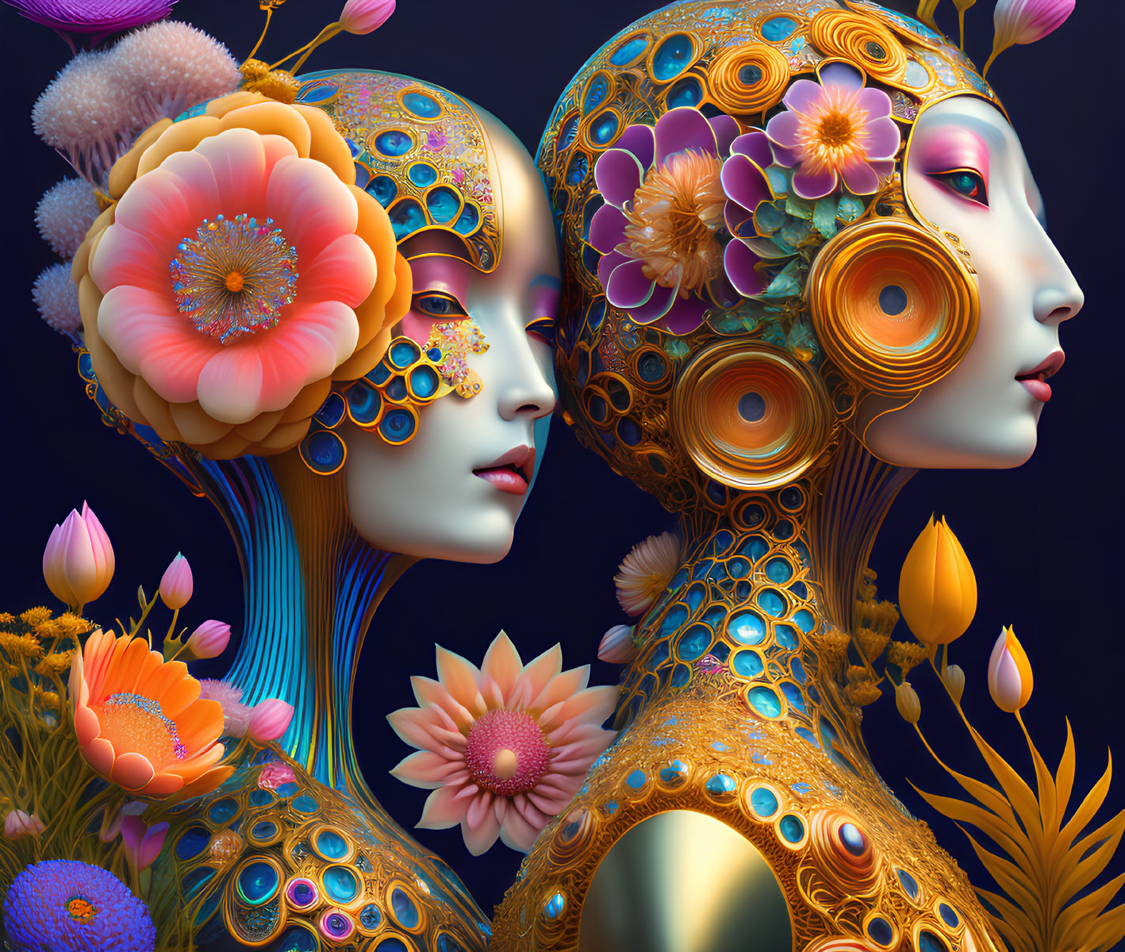 Detailed ornamental humanoid figures with floral patterns and golden textures on dark botanical background