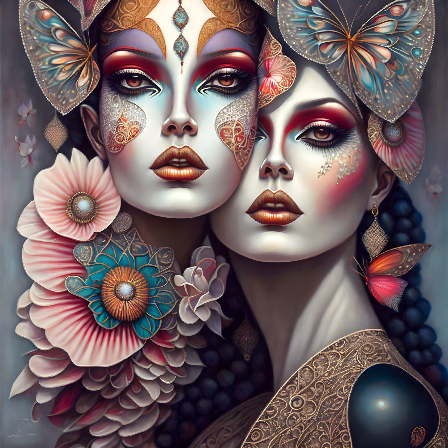 Surreal female face with butterfly wings and vivid flowers