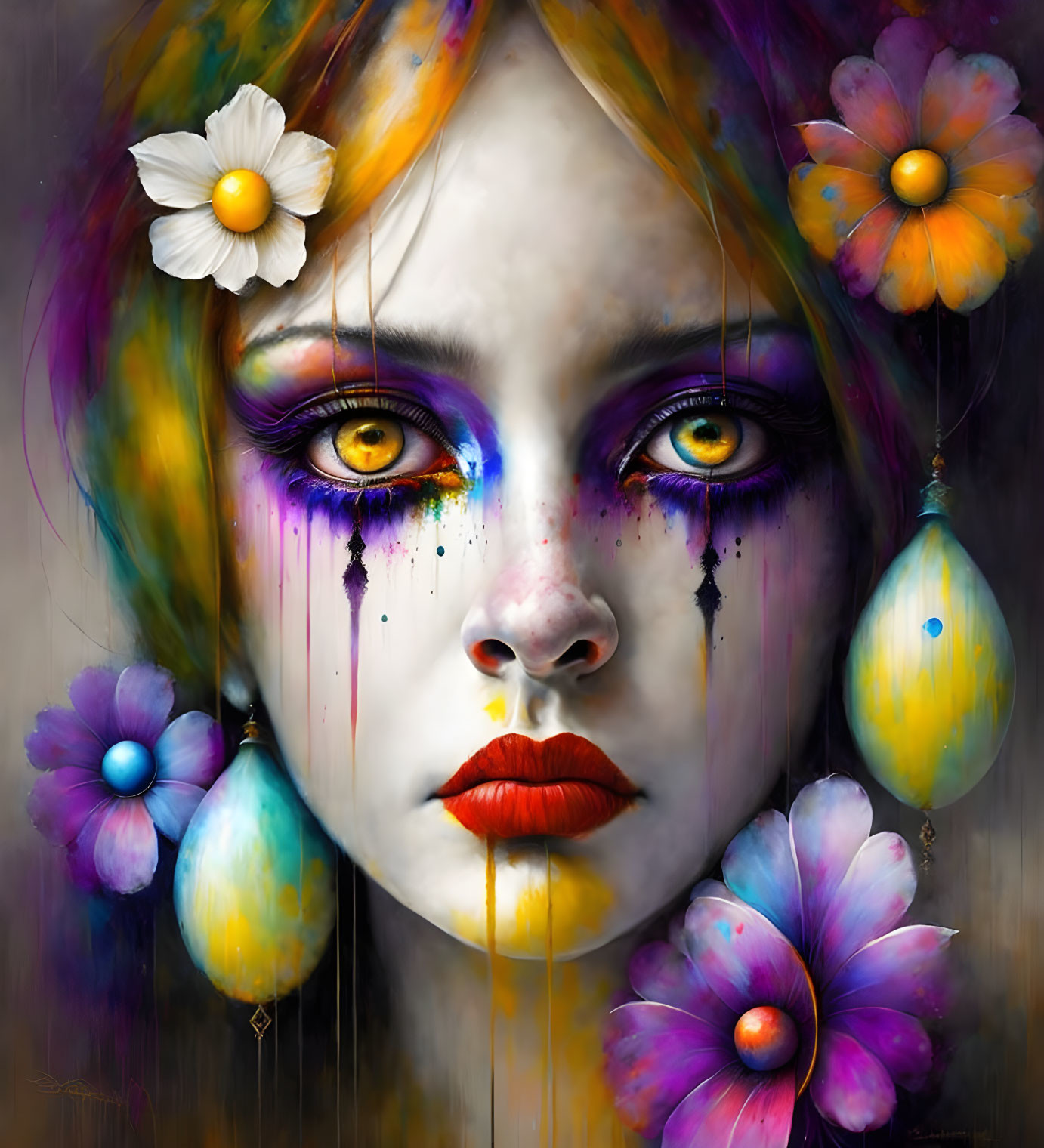 Colorful portrait of a woman with paint effects and flowers in her hair