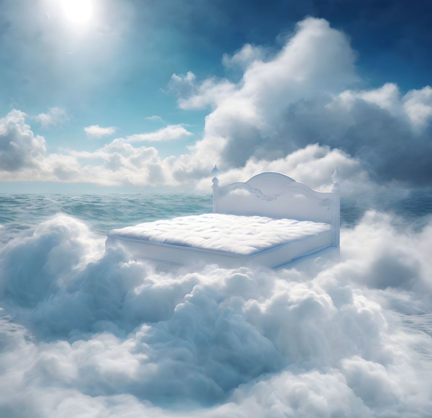 White Bed Floating Among Clouds Under Blue Sky with Lighthouse in Distance