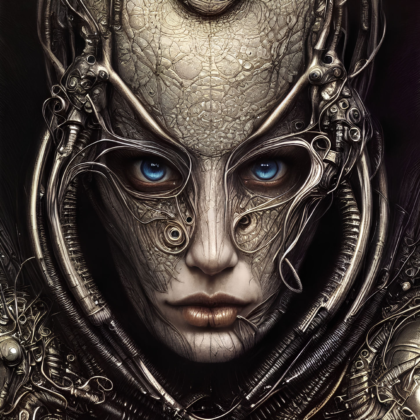 Close-up of person with vivid blue eyes, mechanical elements, textured skin, and metallic adornments