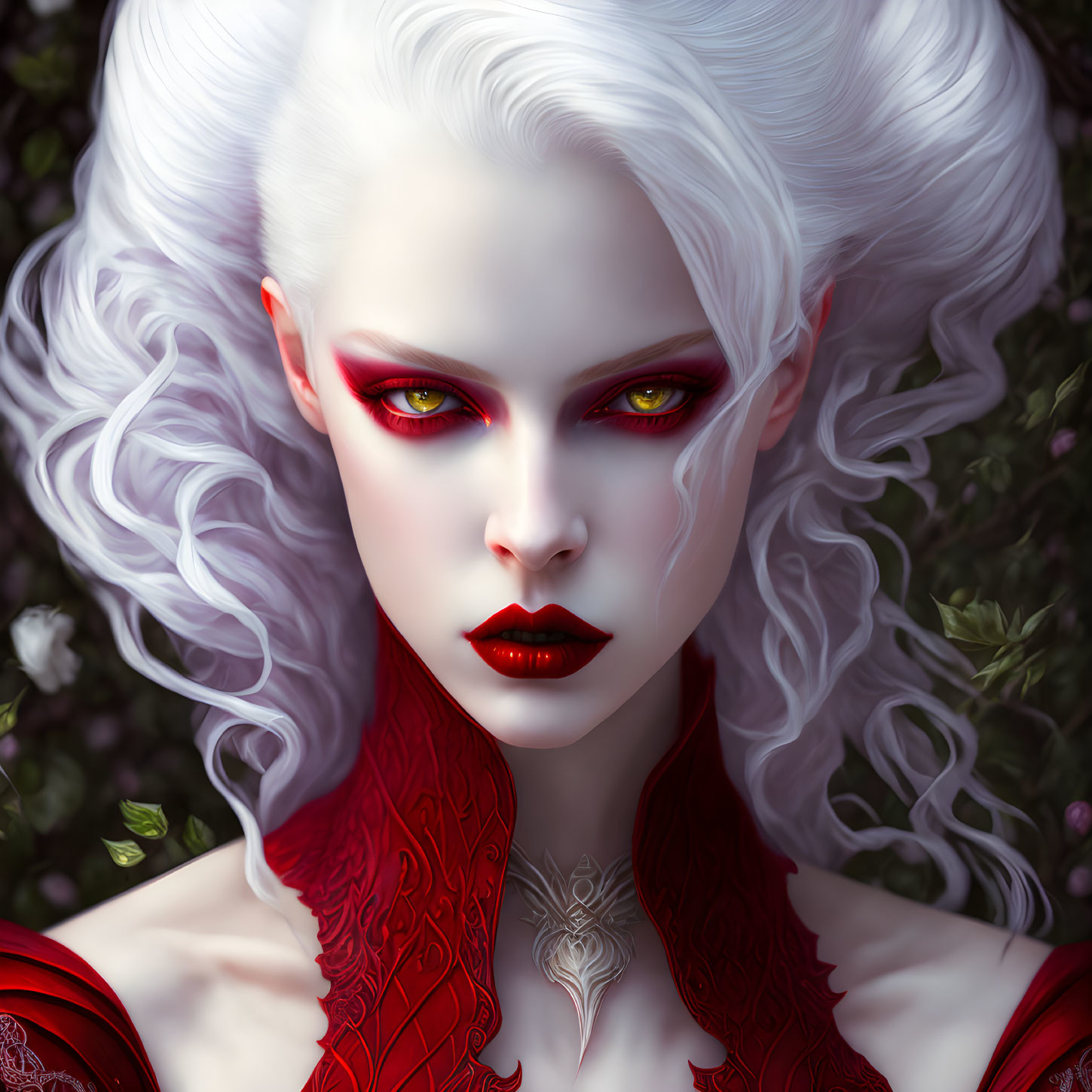 Digital portrait of woman with pale skin, red eyes, and white hair in red floral garment