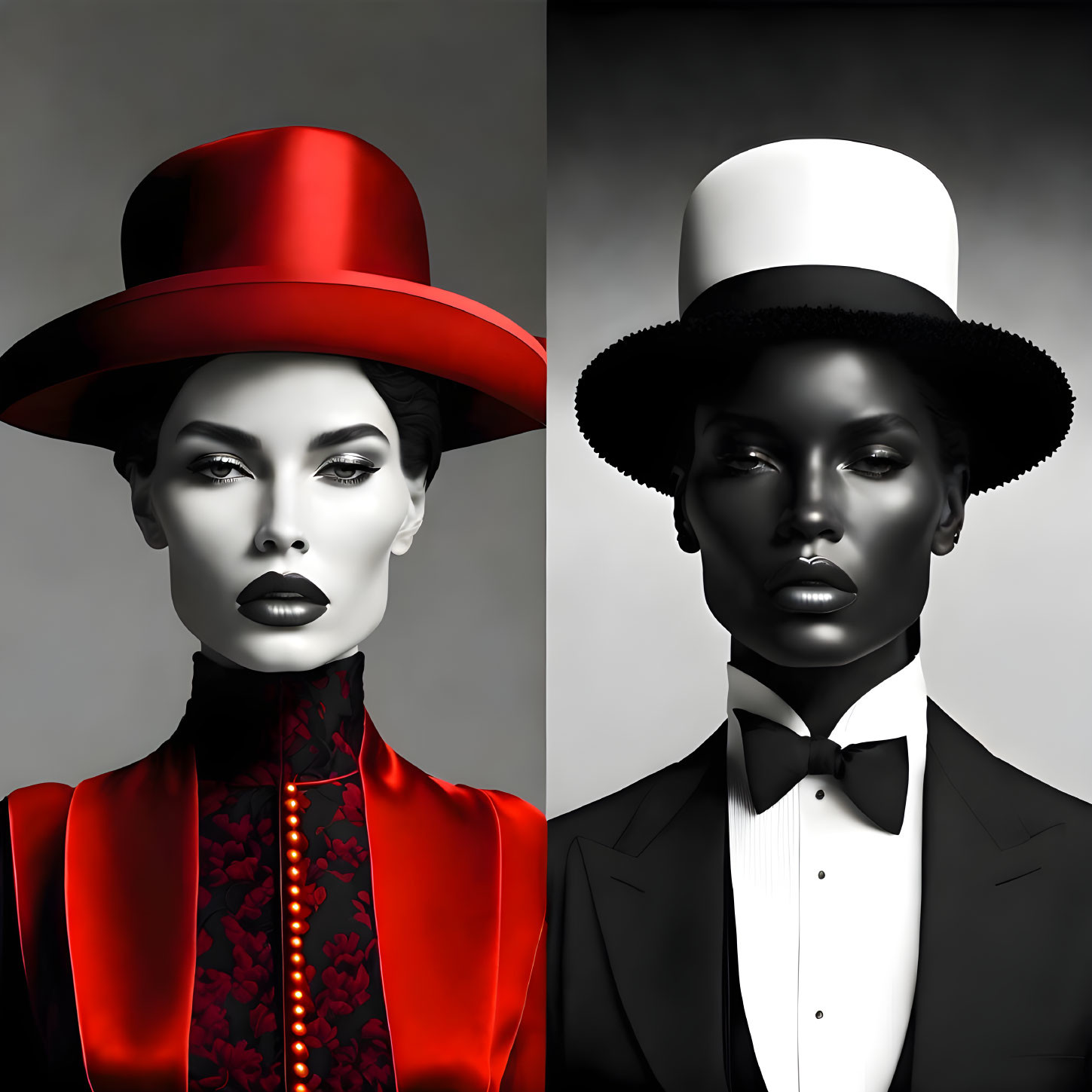 Stylized portraits: person in red outfit and hat next to black and white with top hat