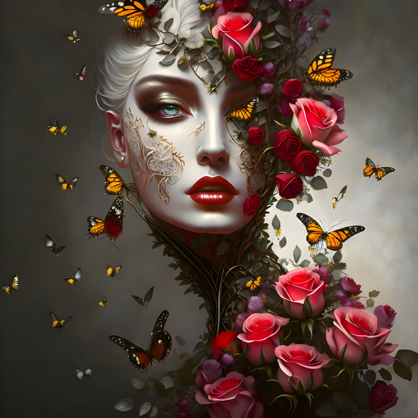 Surreal portrait of woman with floral elements and butterflies