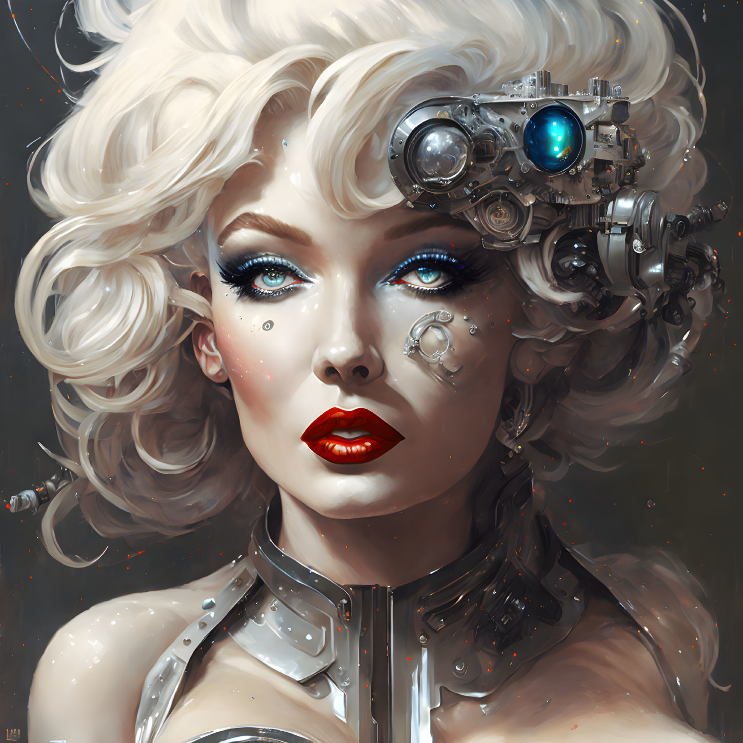 Illustration of woman with platinum blonde hair and cybernetic eye-piece