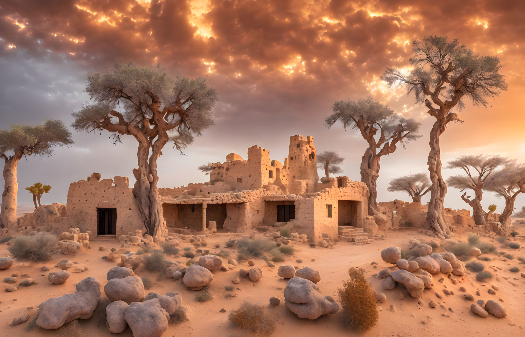 Ancient desert fortification under dramatic orange sky