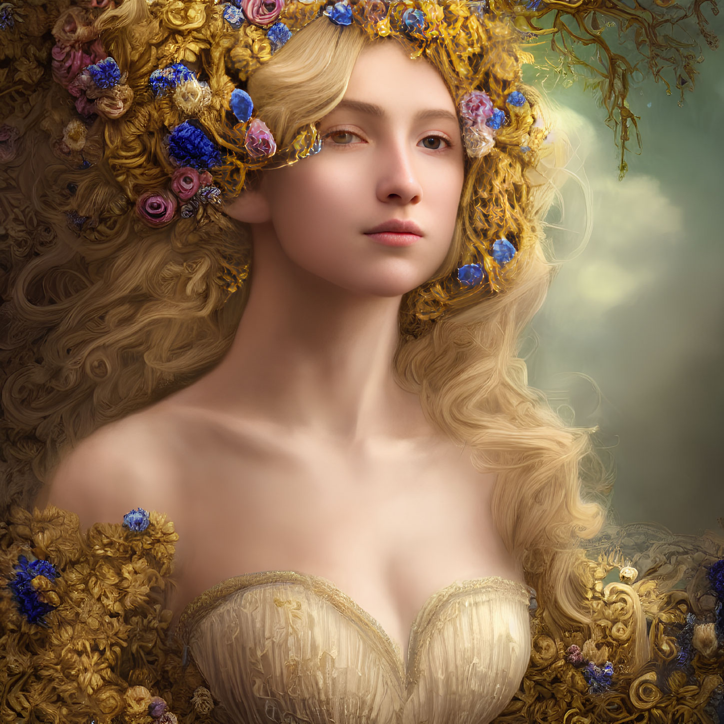 Elaborate golden curls with colorful flowers on a woman's portrait