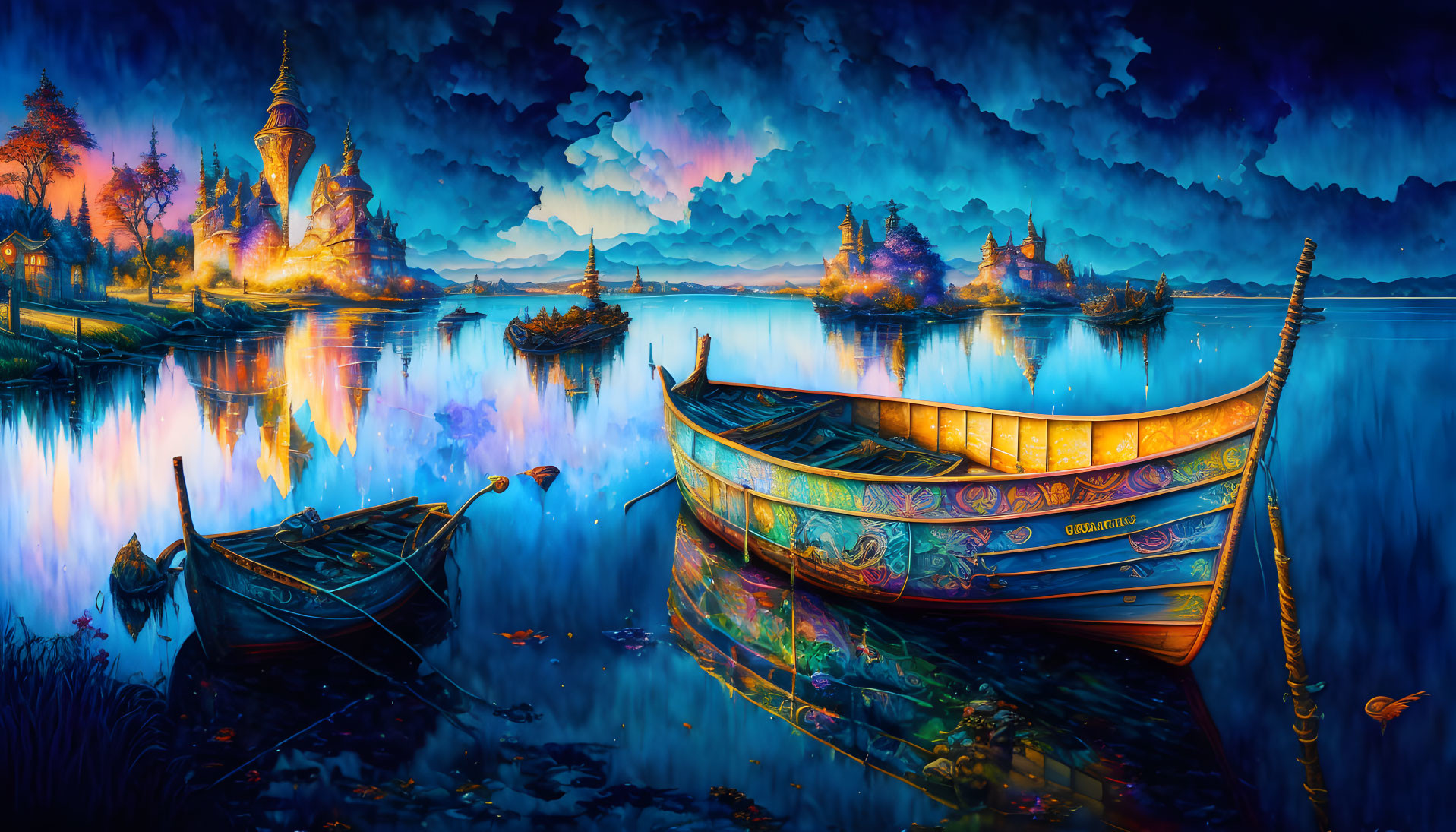 Colorful Fantasy Landscape with Boats, Castles, and Dramatic Sky