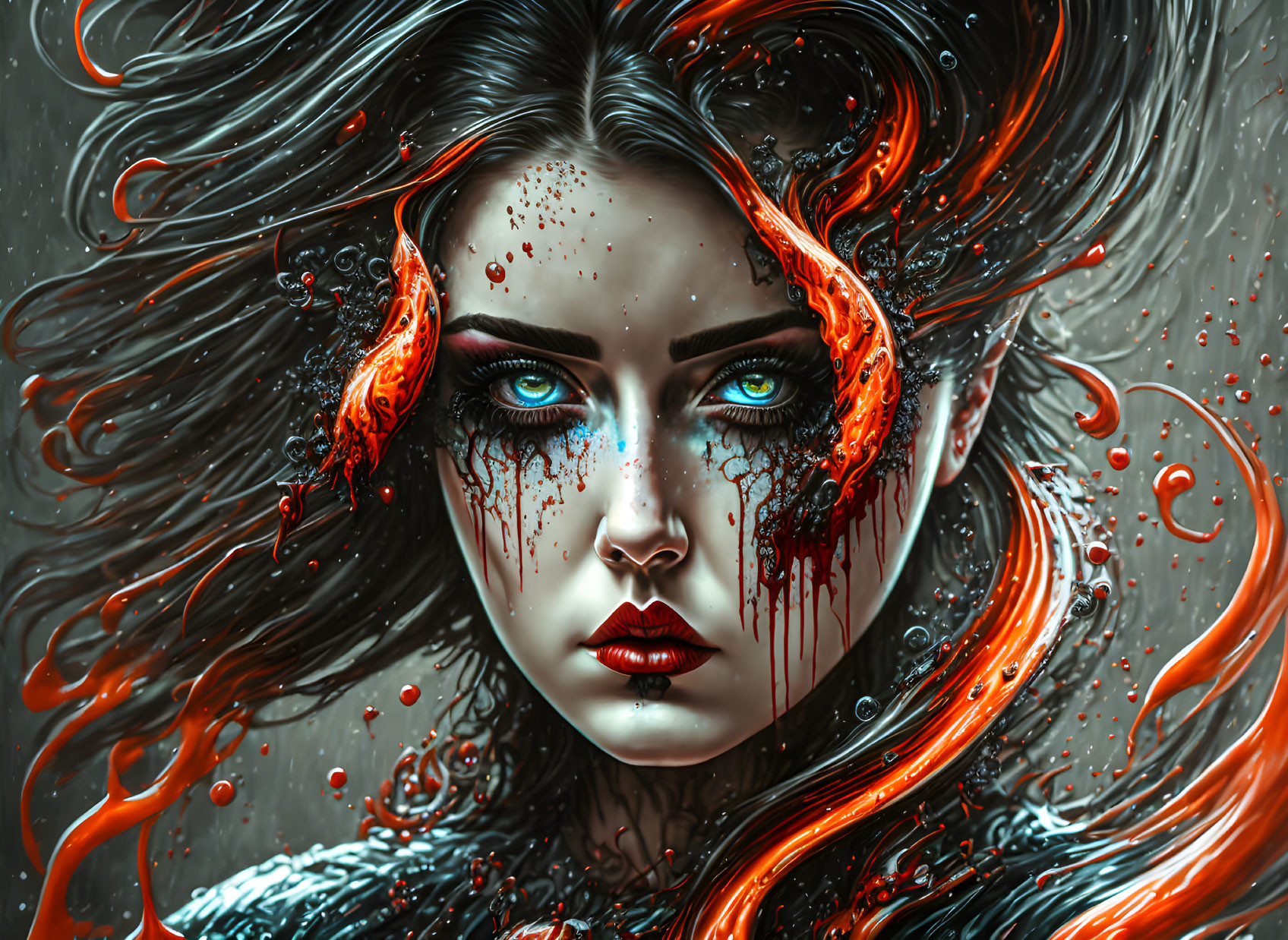 Fantasy Artwork: Woman with Dark Hair, Blue Eyes, and Red Streaks