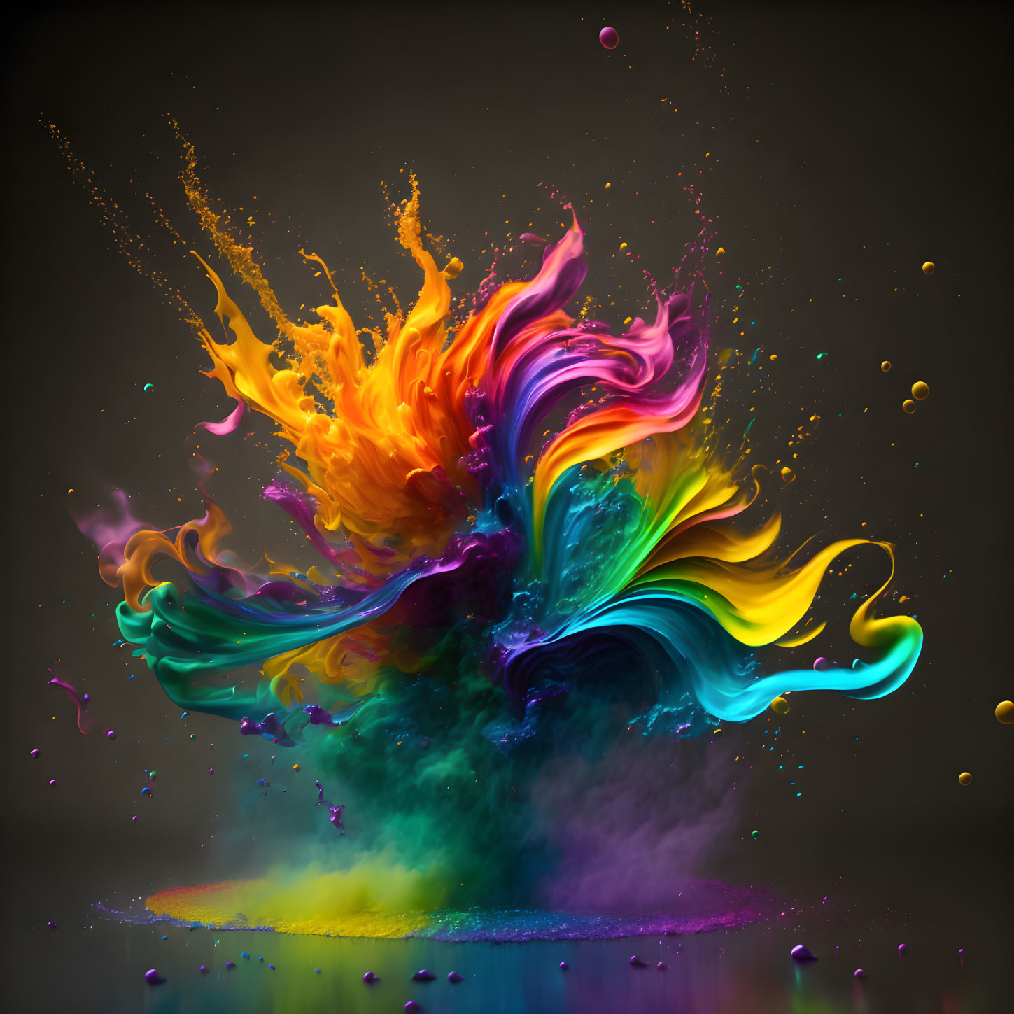 Colorful paint explosion on dark background with suspended droplets