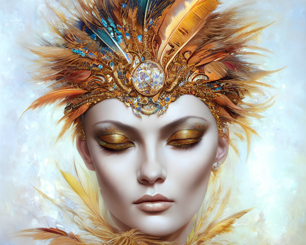 Person with Closed Eyes Wearing Feathered Headdress in Gold, Orange, and Brown