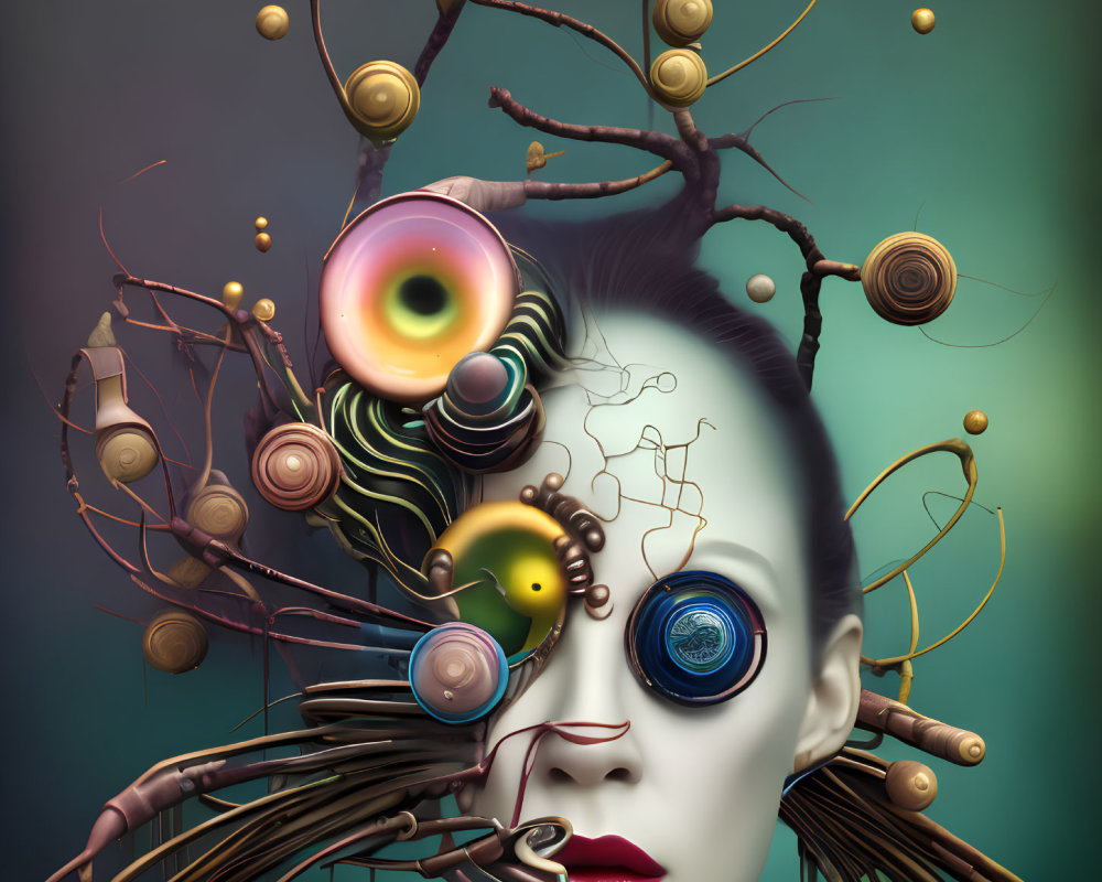 Abstract surreal portrait with mechanical eyes and dreamlike atmosphere