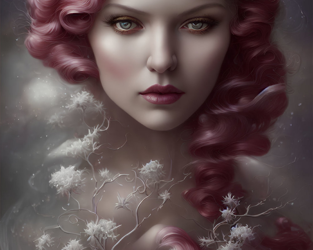 Digital portrait of woman with pink curly hair, blue eyes, dark lipstick, and white flowers.