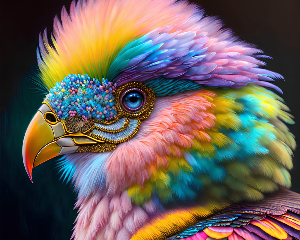 Colorful bird digital artwork with rainbow plumage and golden beak ring