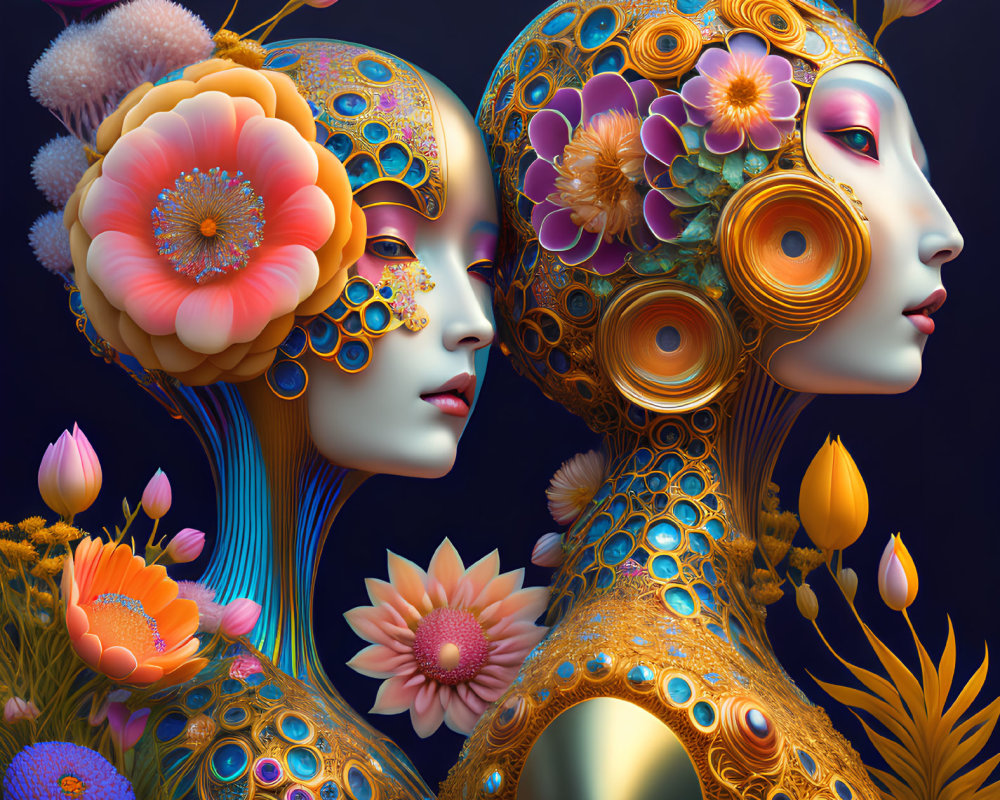 Detailed ornamental humanoid figures with floral patterns and golden textures on dark botanical background