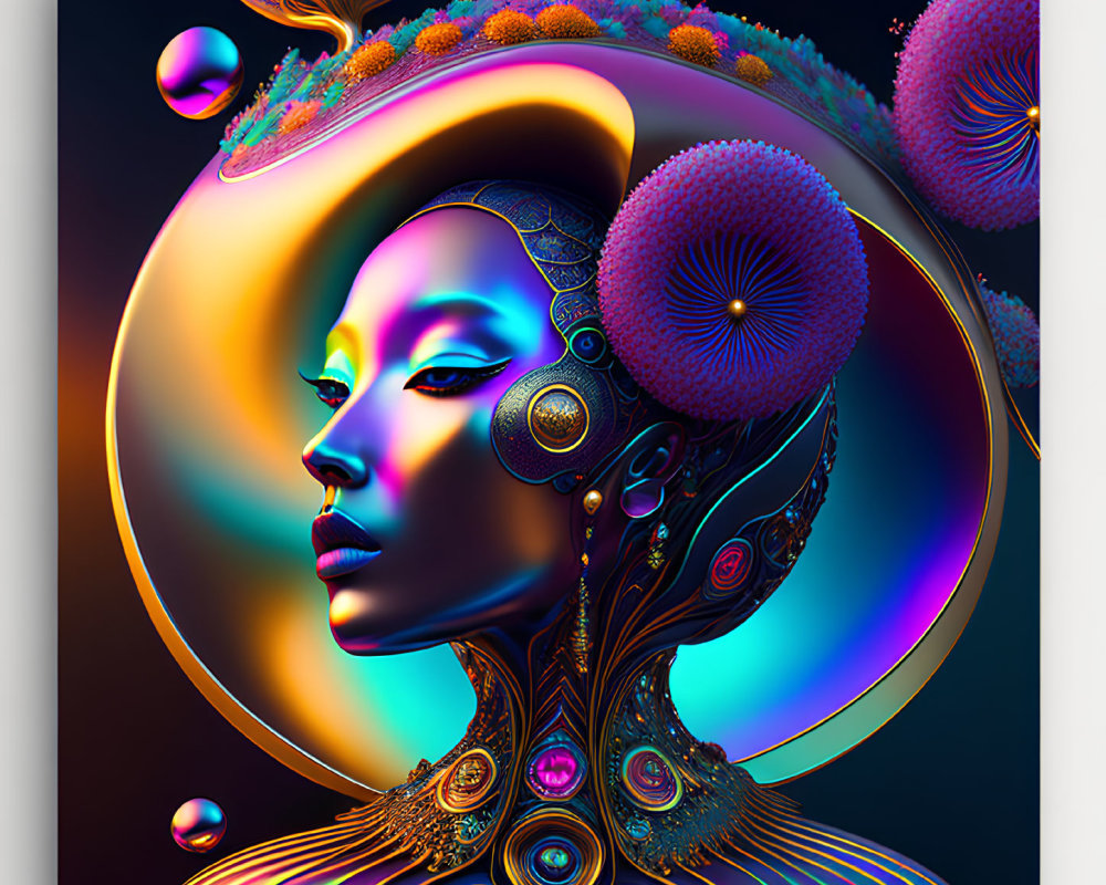 Colorful digital artwork of woman with futuristic headgear and surreal elements