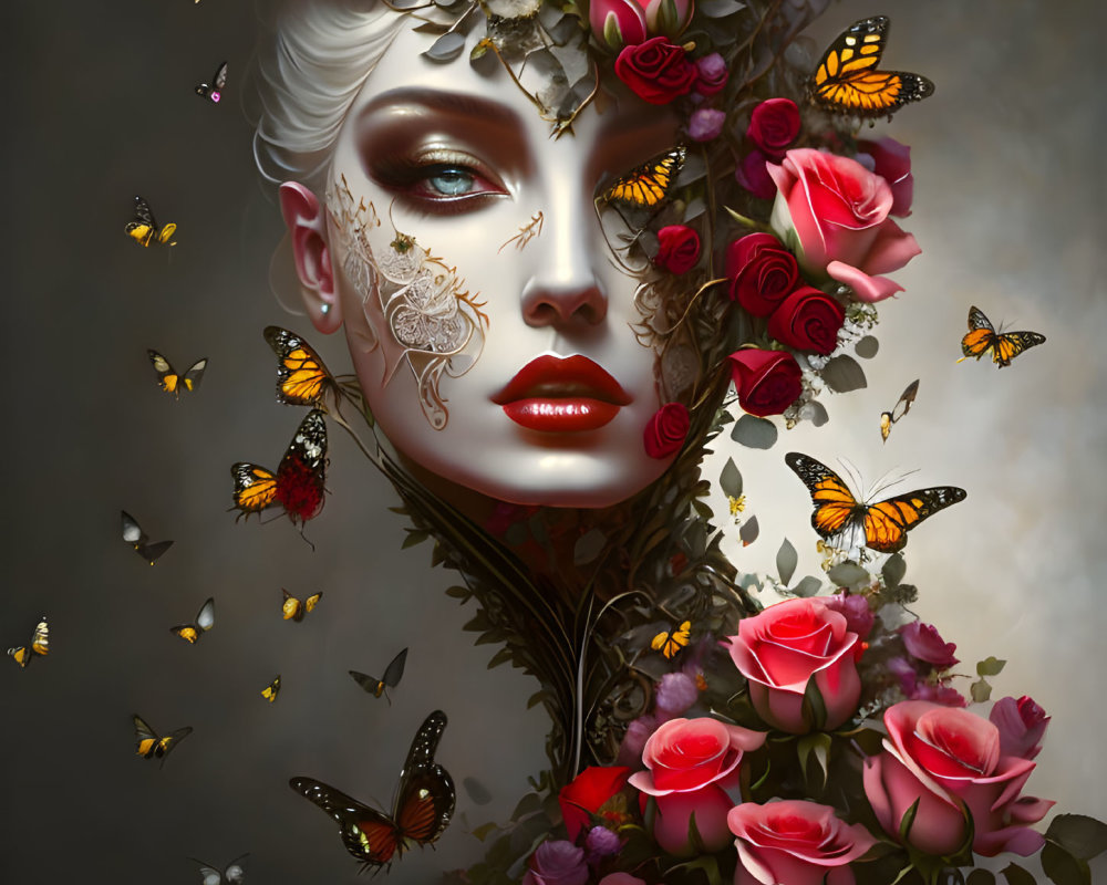 Surreal portrait of woman with floral elements and butterflies