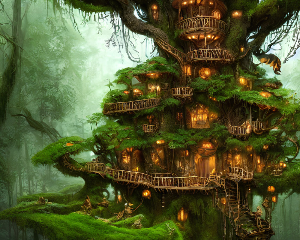 Enchanting multi-tiered treehouse in ancient moss-covered tree