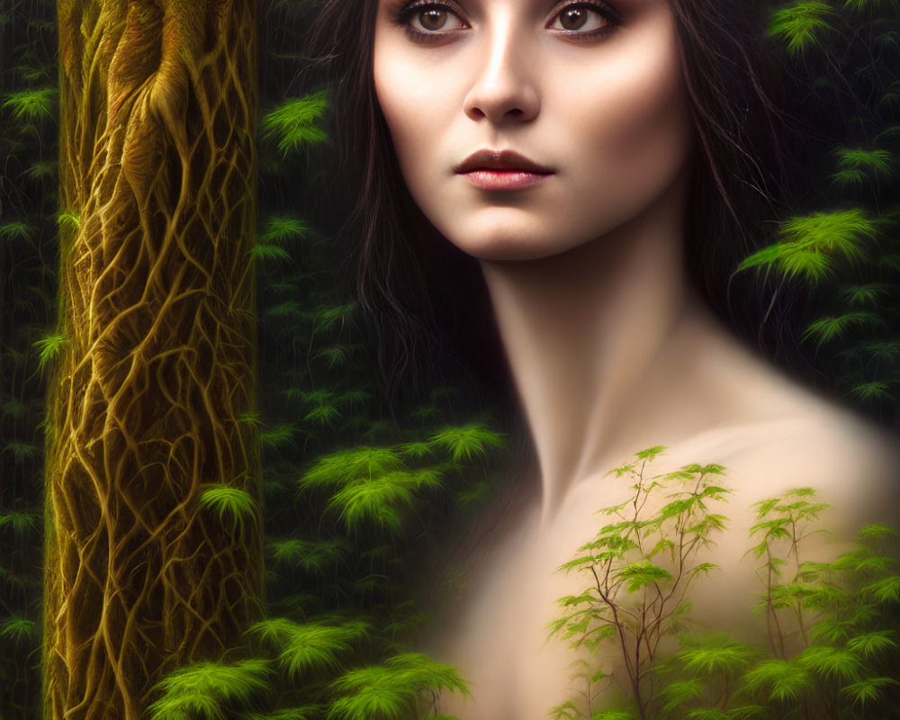 Woman's portrait merged with lush forest scene, intense gaze in vibrant green foliage.