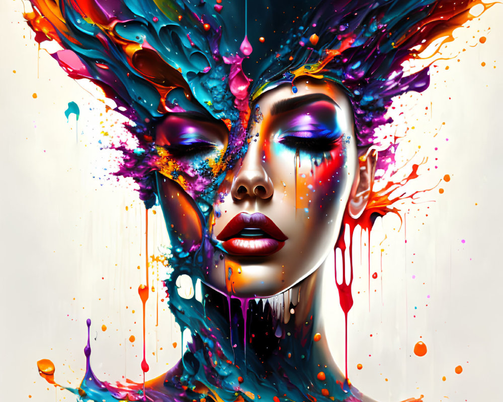 Colorful woman illustration with splashes and drips on light background