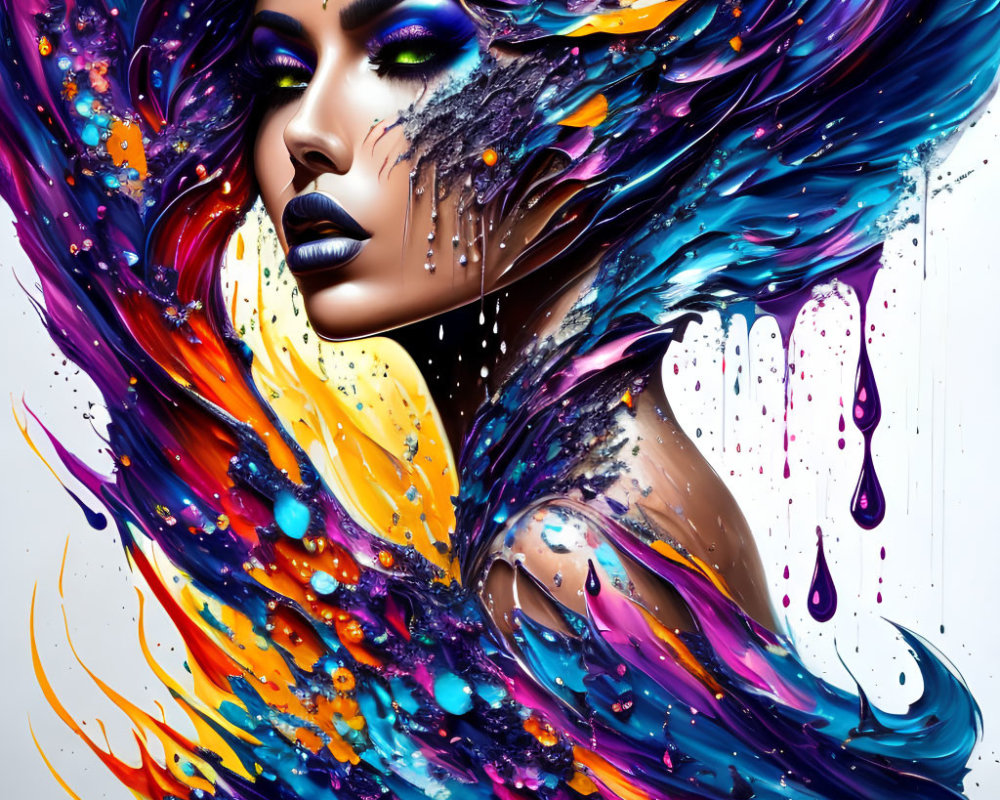 Colorful flowing hair merges with paint splashes in vibrant artwork