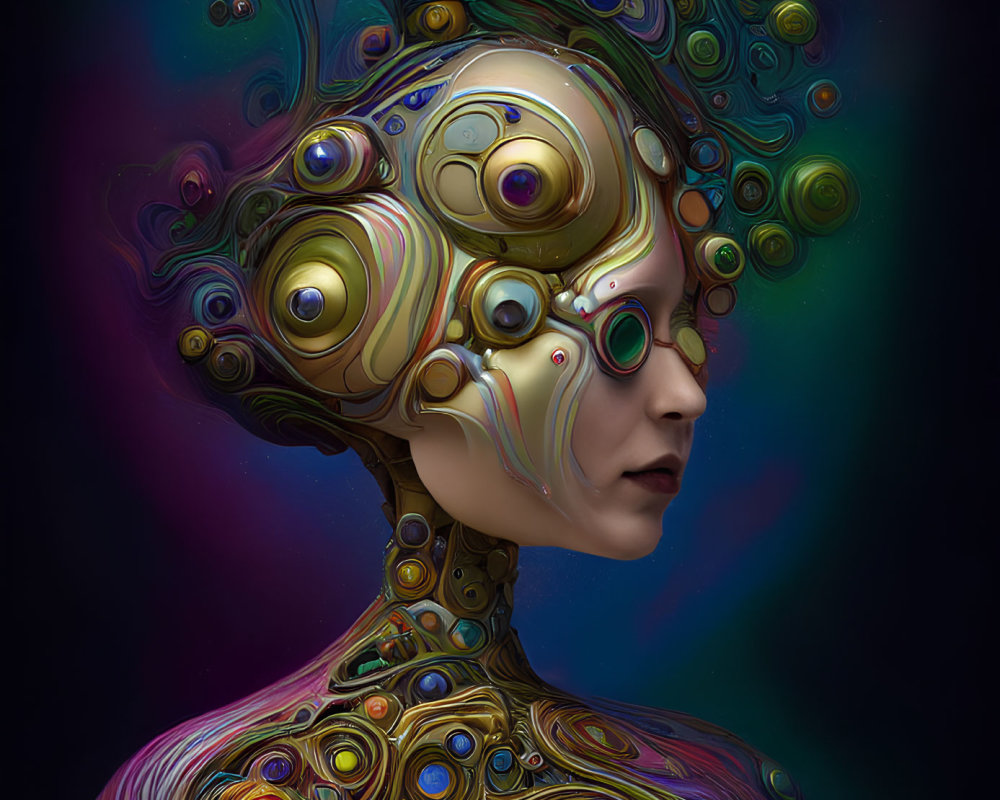 Colorful surreal portrait with metallic patterns and iridescent orbs on dark background