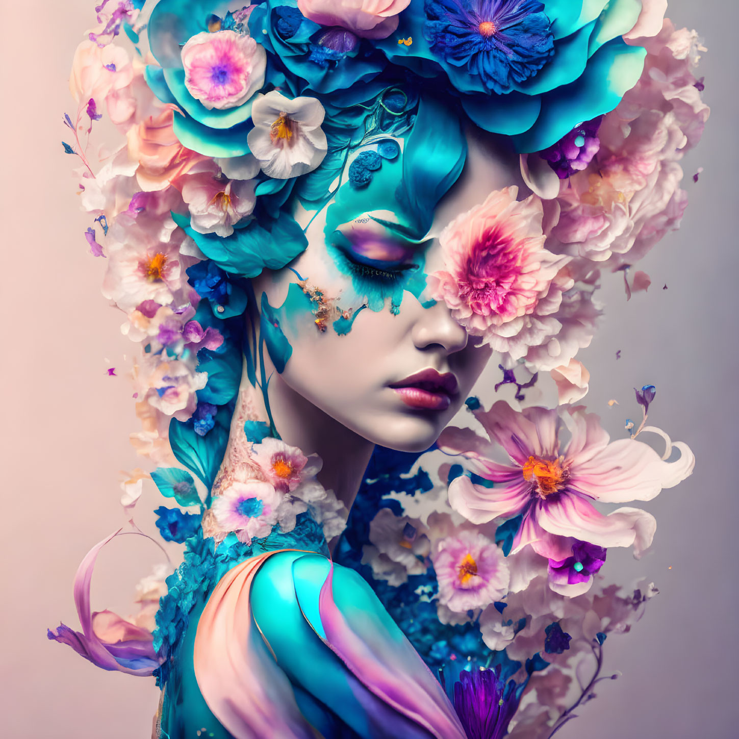 Portrait of person with flower hair and blue skin.