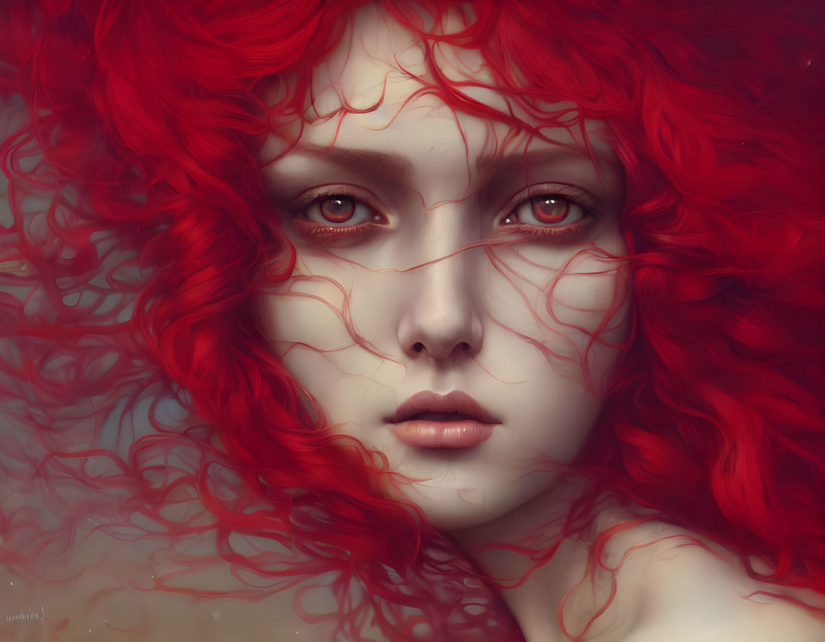 Vibrant red hair, pale skin, and red eyes in digital portrait