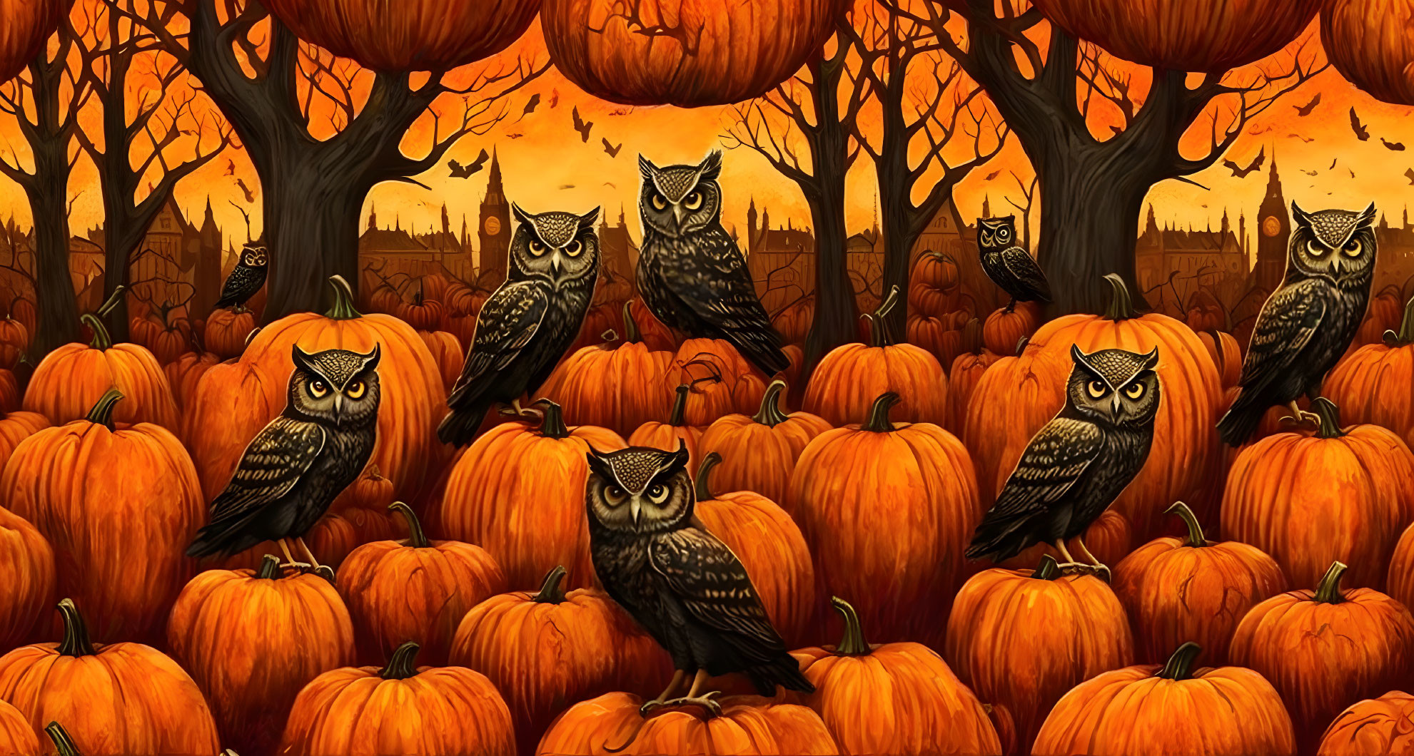 Owls on pumpkins in stylized autumn forest - bare trees, orange sky