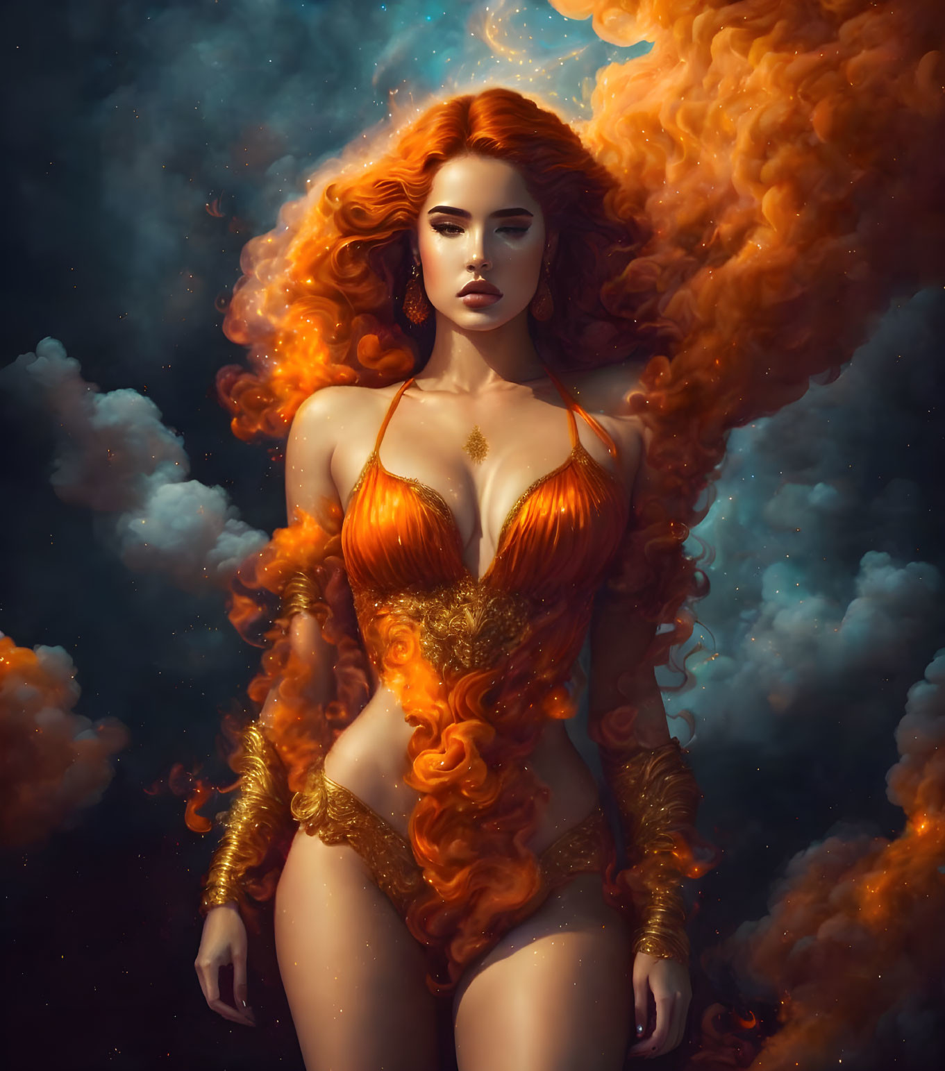 Digital artwork of woman with red hair and golden attire against swirling clouds