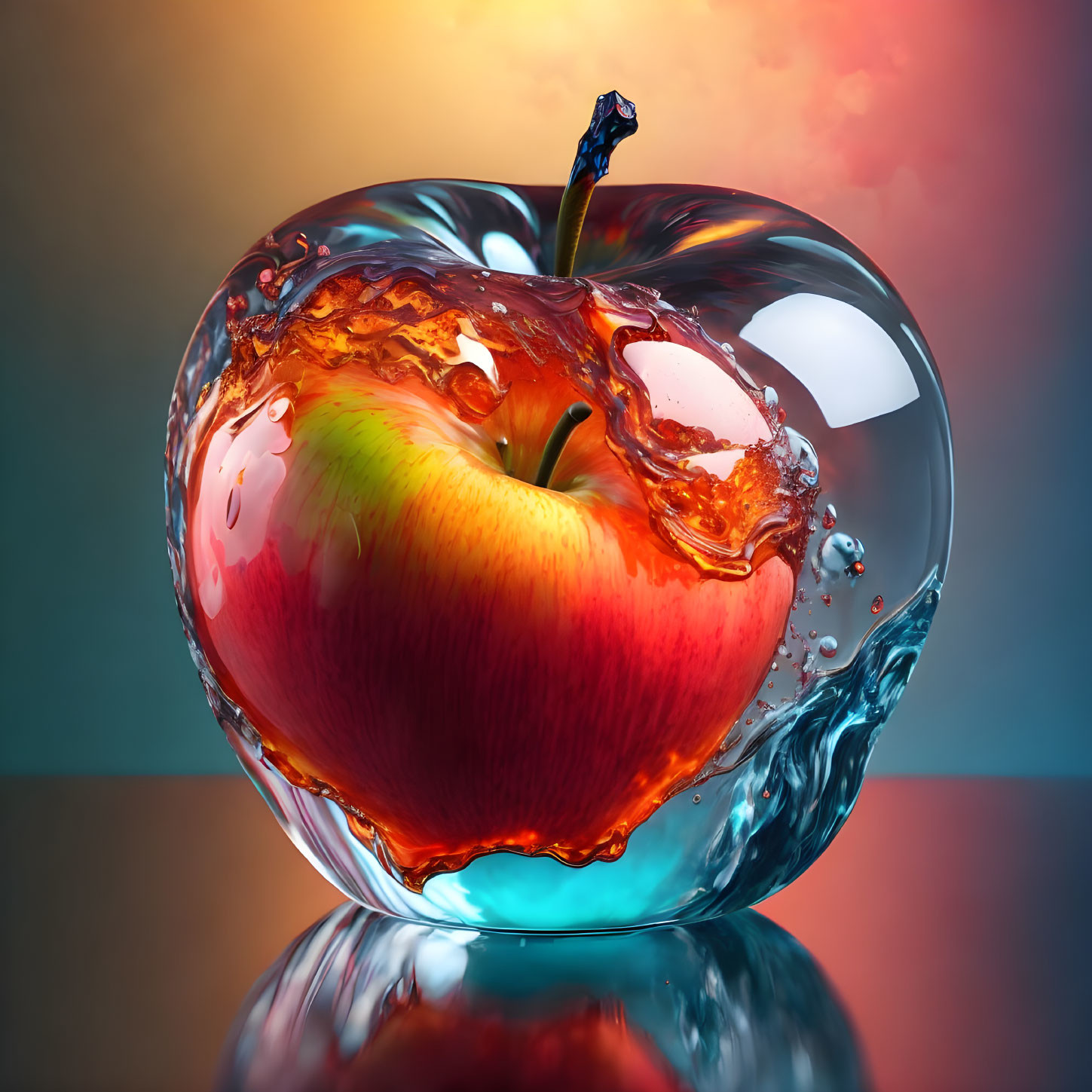 Colorful apple in water splash on gradient background