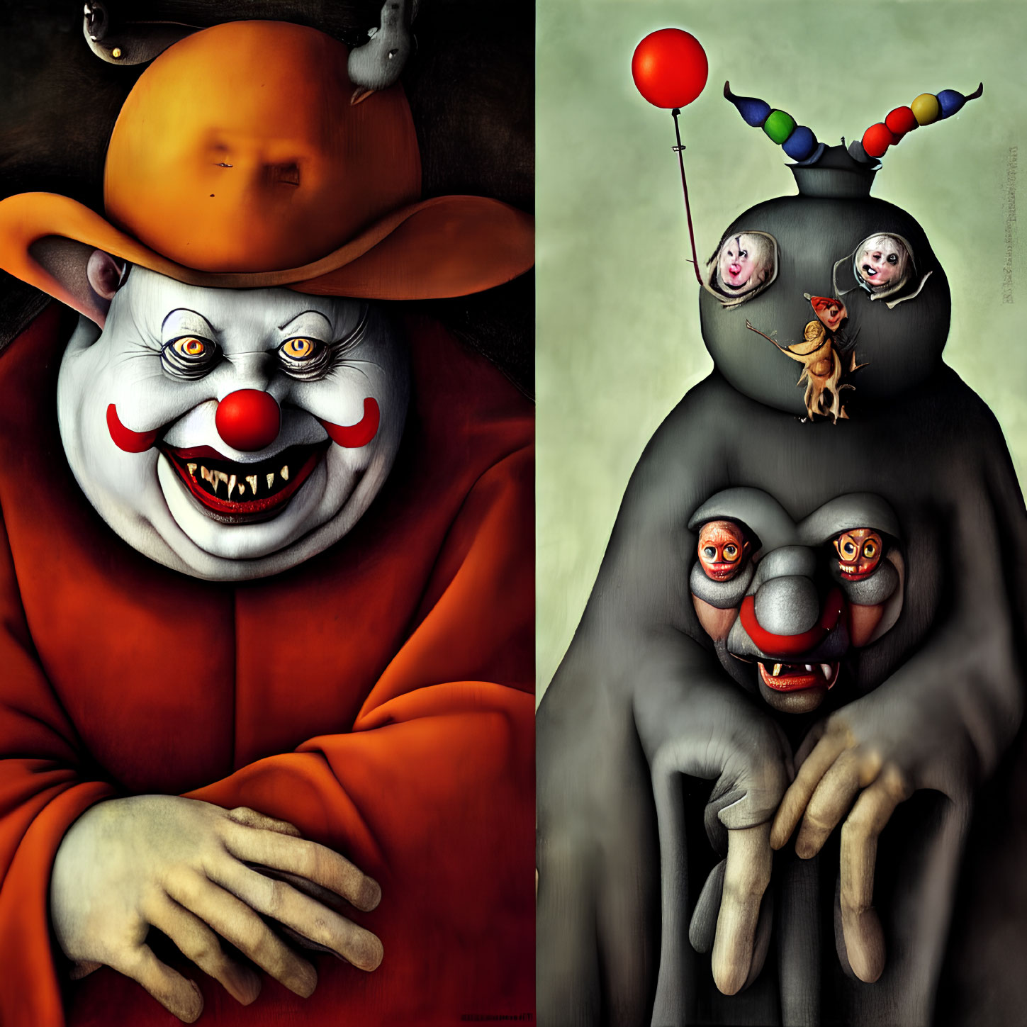 Vibrant surreal artwork: two clowns with exaggerated features