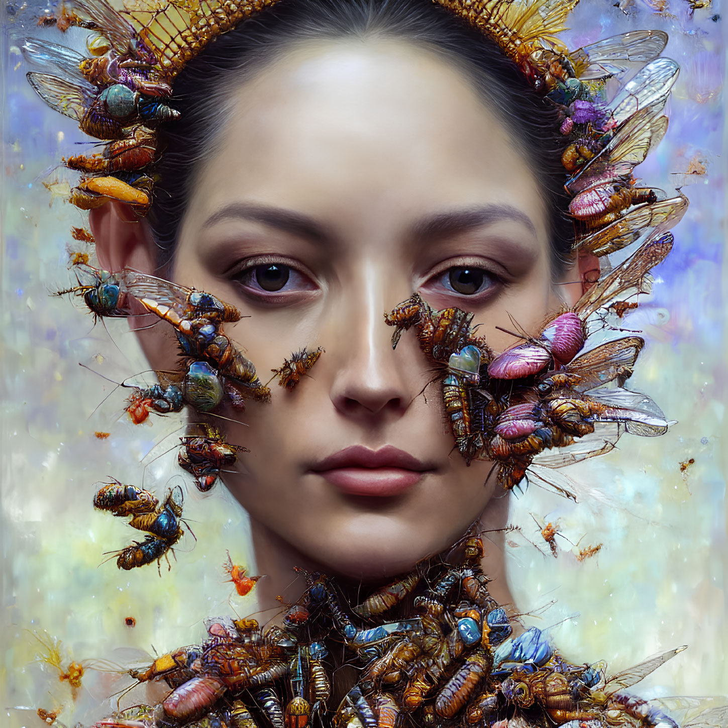 Colorful insects swarm around woman's face in surreal image