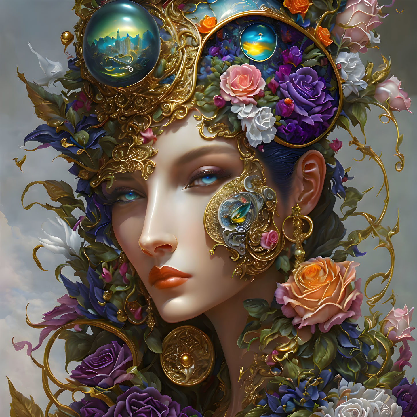 Portrait of a woman with gold filigree, vibrant flowers, and cosmic jewelry.