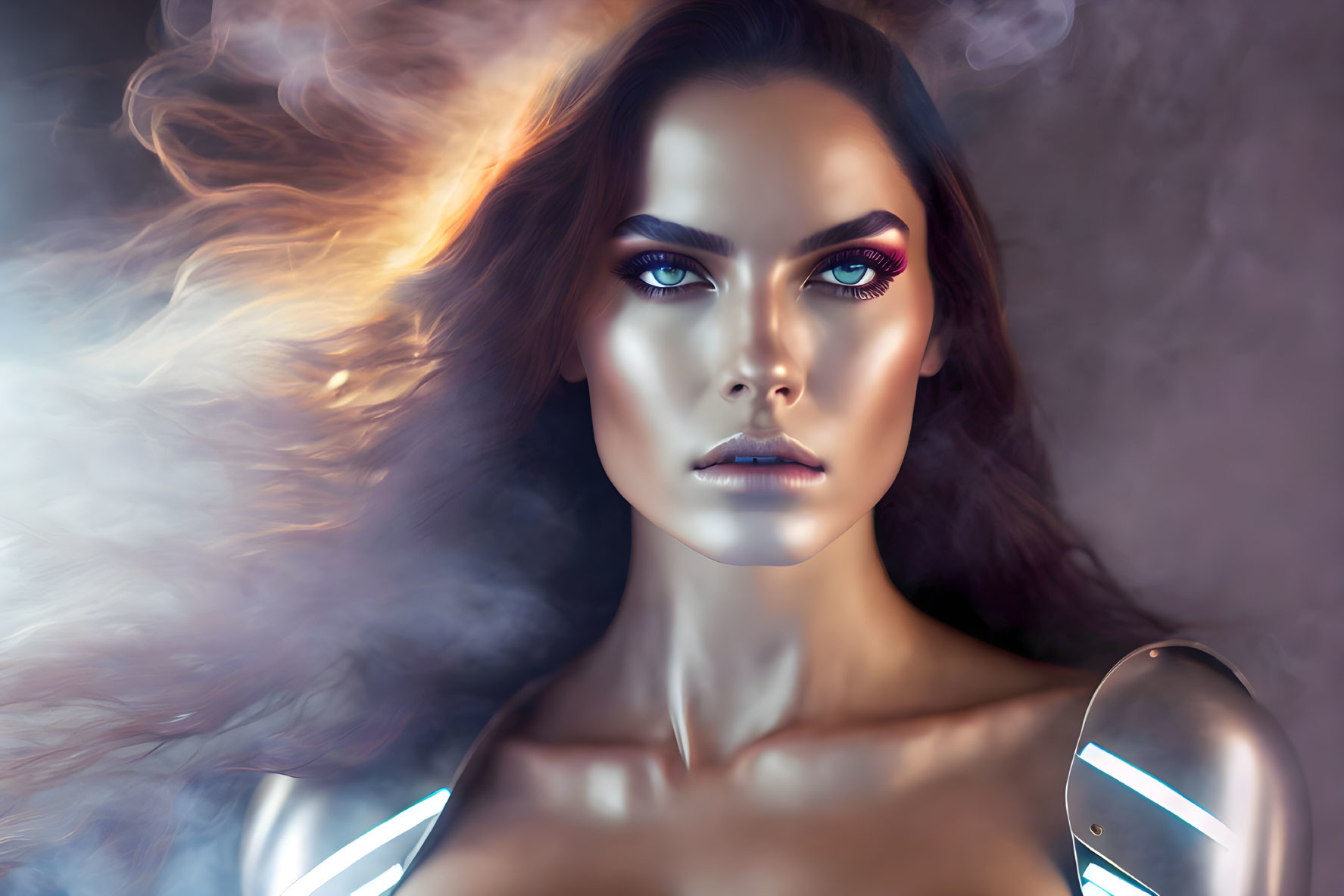 Futuristic digital artwork of woman with glowing eyes and flowing hair