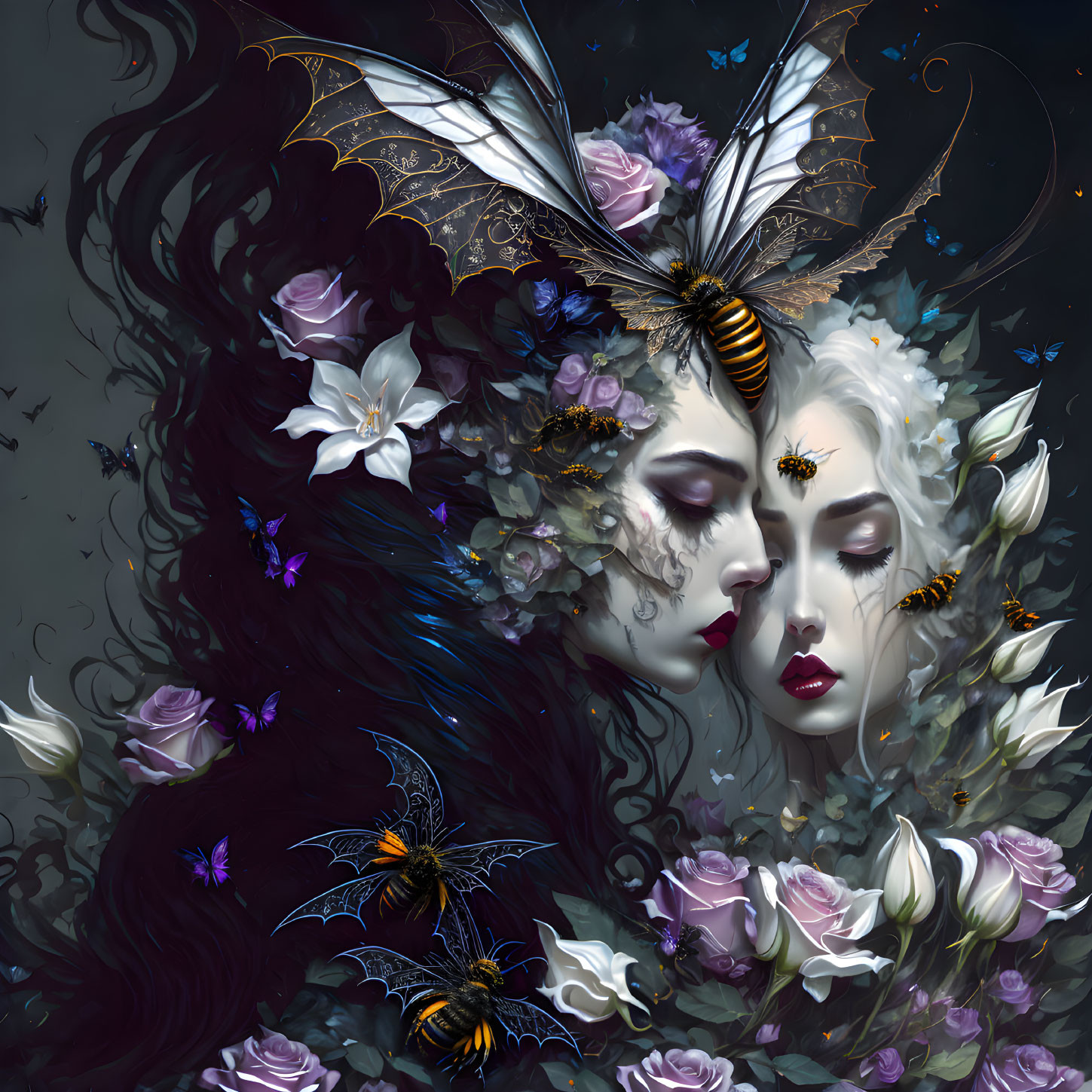 Faces with dark hair and white flowers, bees, butterflies in dreamy art style