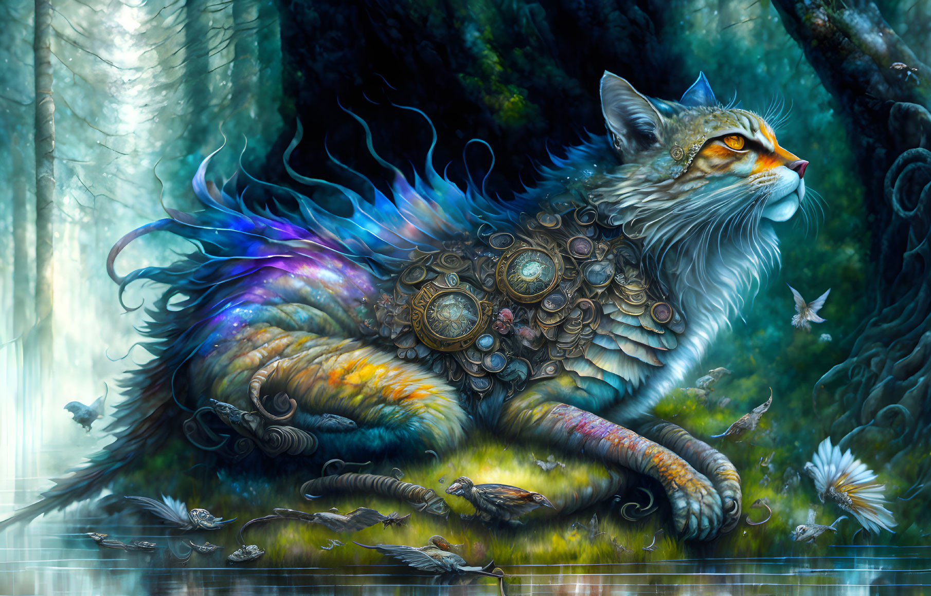 Majestic cat with vibrant fur in mystical forest setting