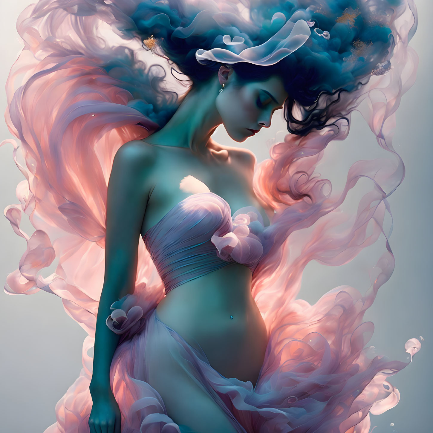 Woman surrounded by swirling pink and blue smoke in dreamlike setting