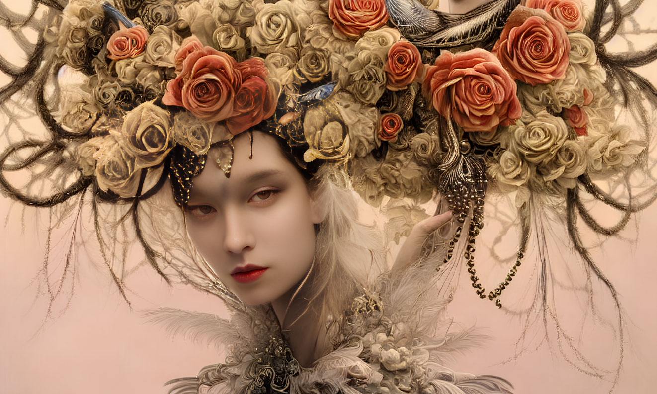 Ethereal figure with pale skin and dark lips adorned with lavish headdress of roses, branches,