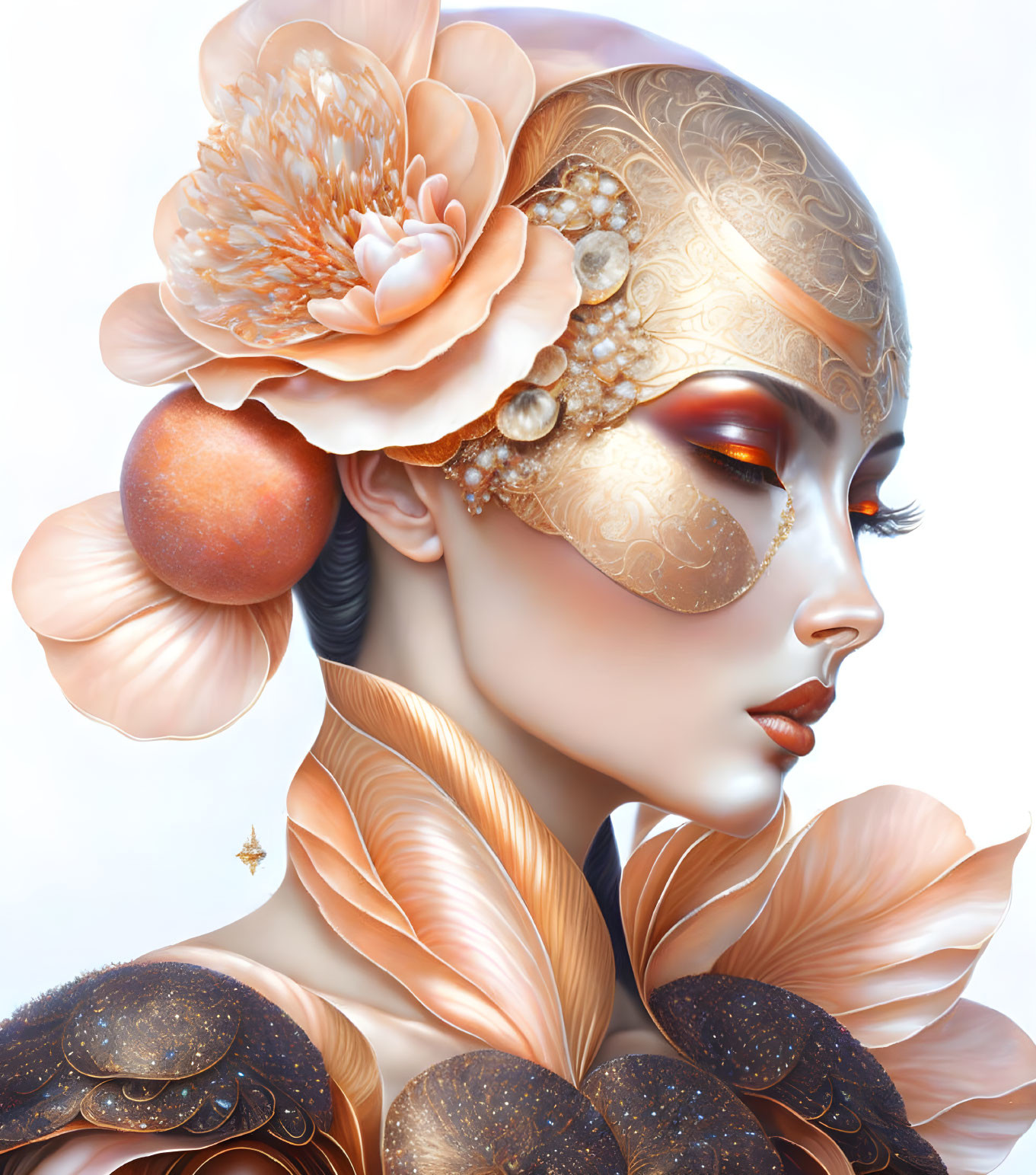 Woman with Floral Mask and Metallic Leaf Accents