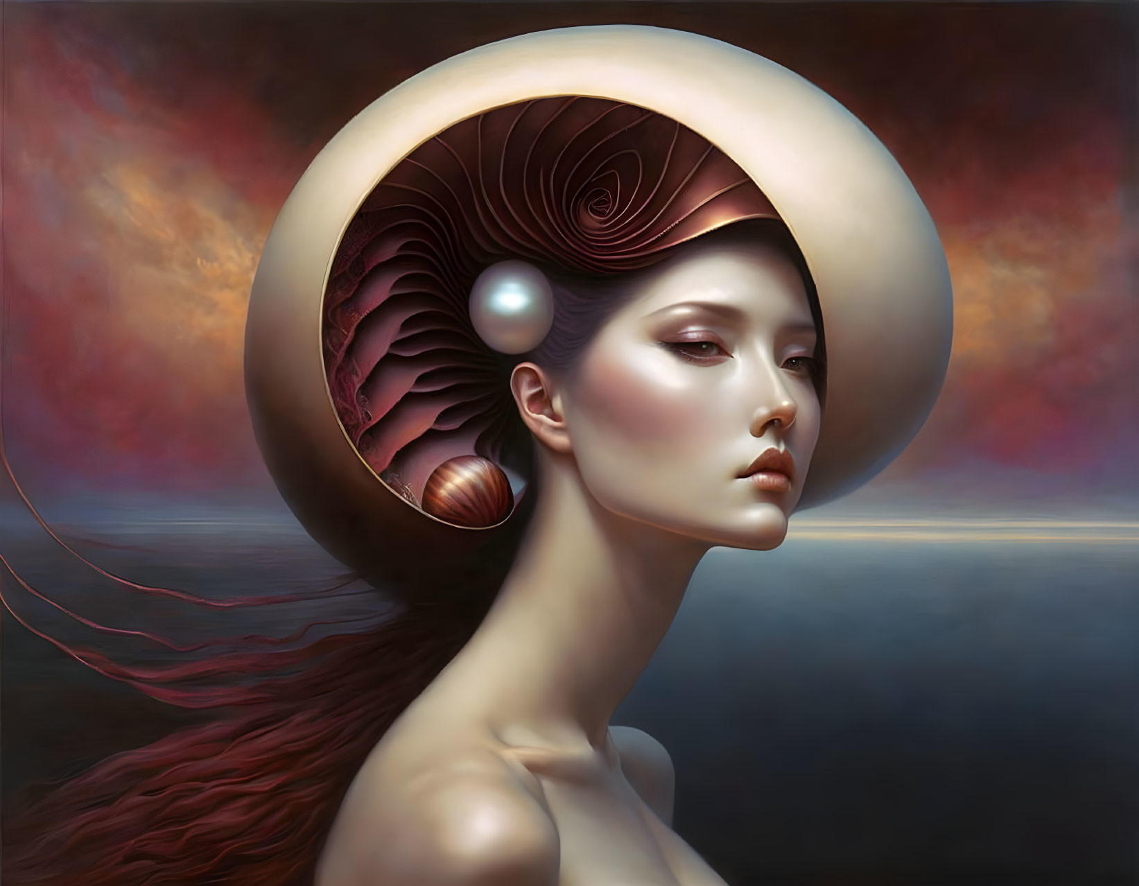 Surreal portrait of a woman with nautilus-shell headdress and red hair on moody seas