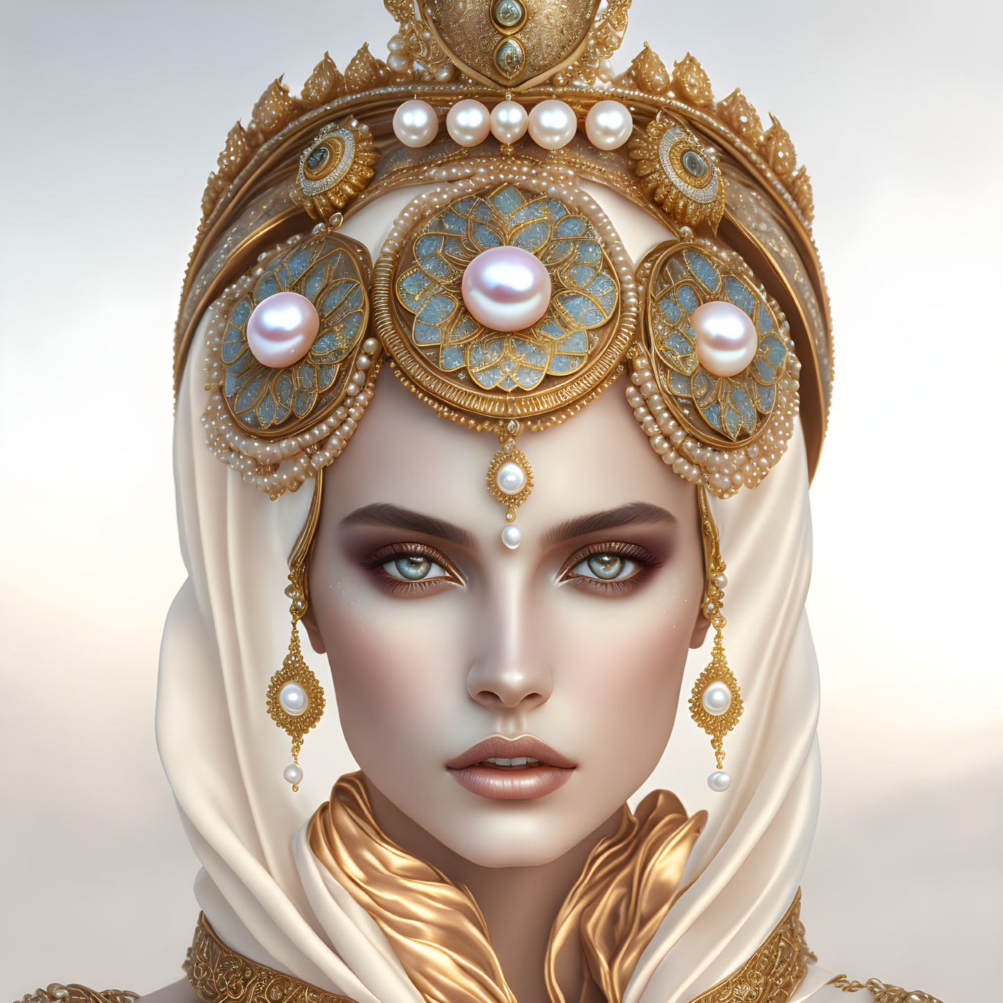 Digital portrait of a woman with striking eyes in ornate headdress.